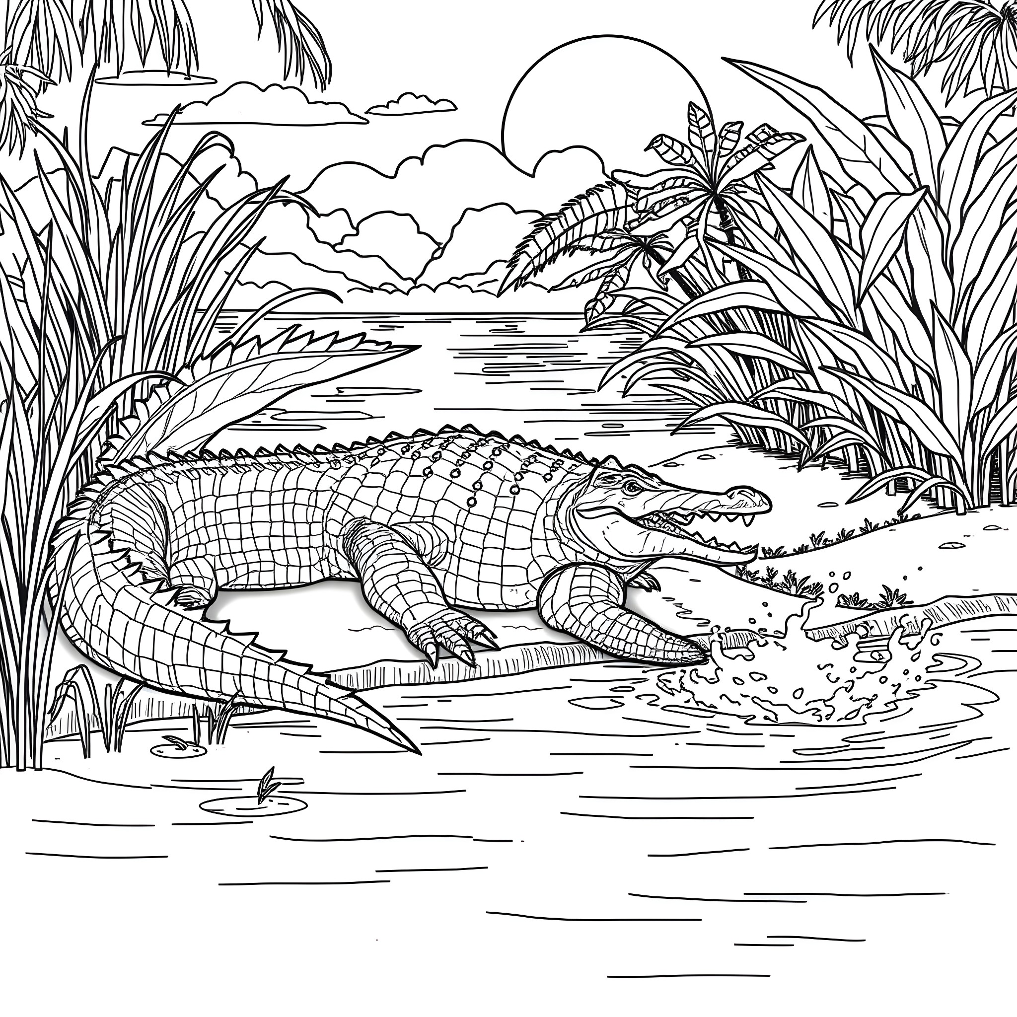 Alligator resting in the tropical jungle landscape Coloring Page (free black-and-white line drawing printable PDF for all, from beginners to advanced learners, including children, teens, adults, and seniors)