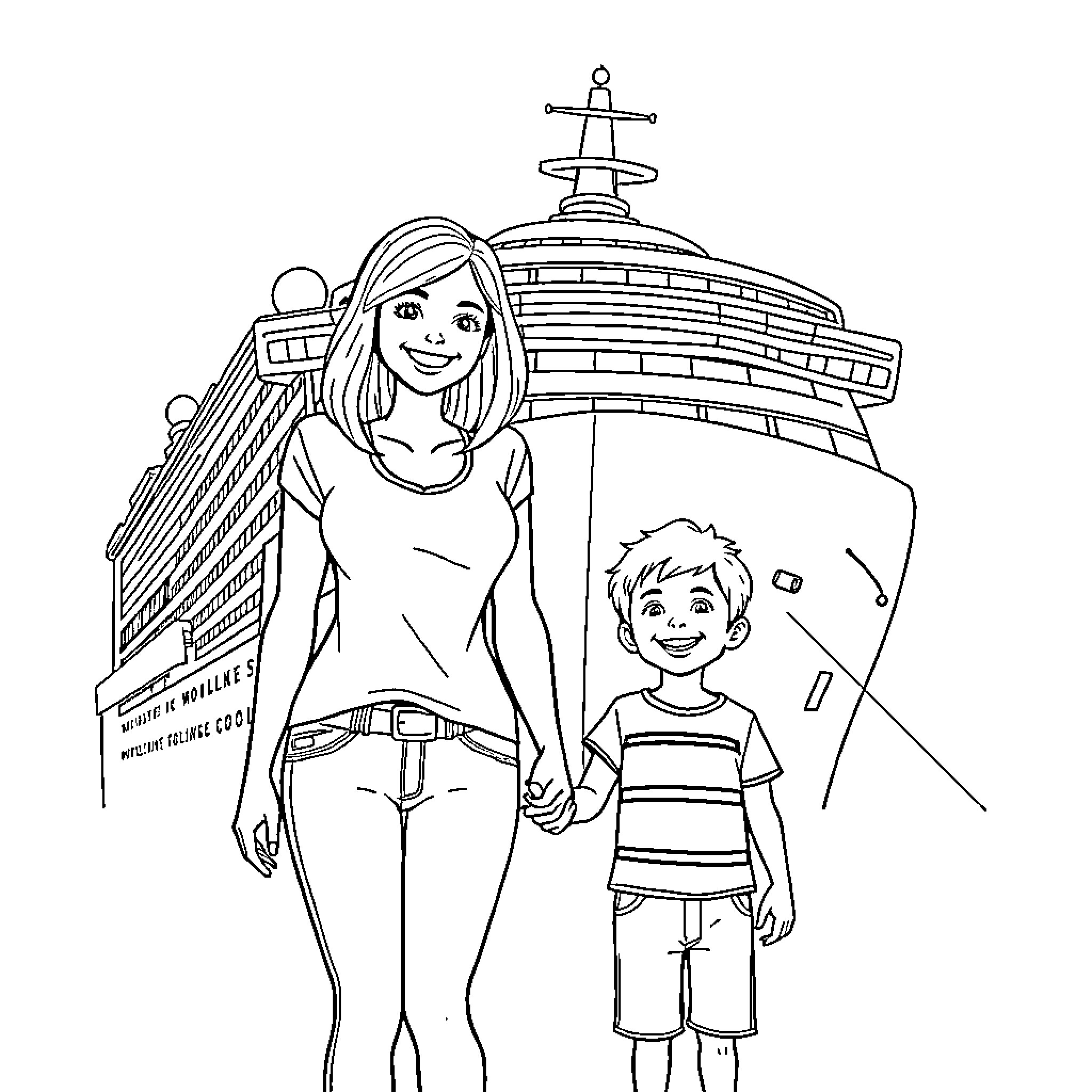Mom and child on a cruise ship Coloring Page (free black-and-white line drawing printable PDF for all, from beginners to advanced learners, including children, teens, adults, and seniors)