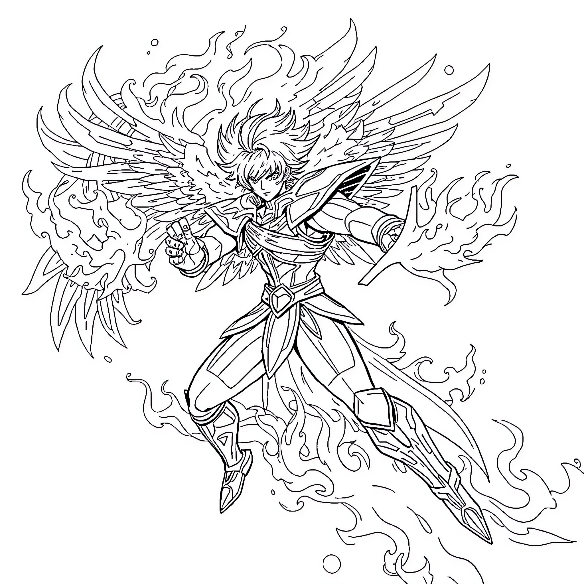 Ikki in Fiery Ethereal Warrior Attire Coloring Page (free black-and-white line drawing printable PDF for all, from beginners to advanced learners, including children, teens, adults, and seniors)