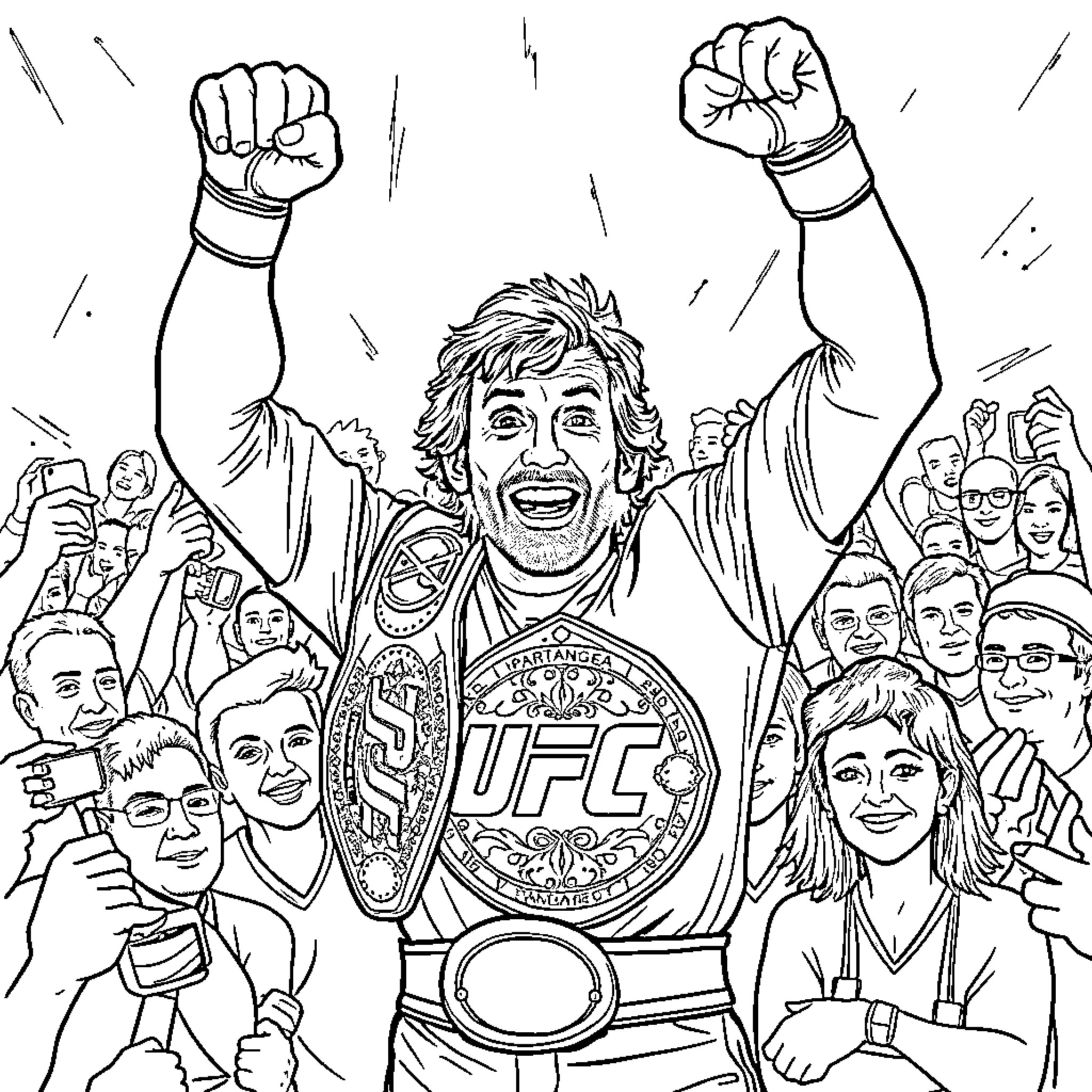 Alan Partridge triumphantly wins the UFC championship Coloring Page (free black-and-white line drawing printable PDF for all, from beginners to advanced learners, including children, teens, adults, and seniors)