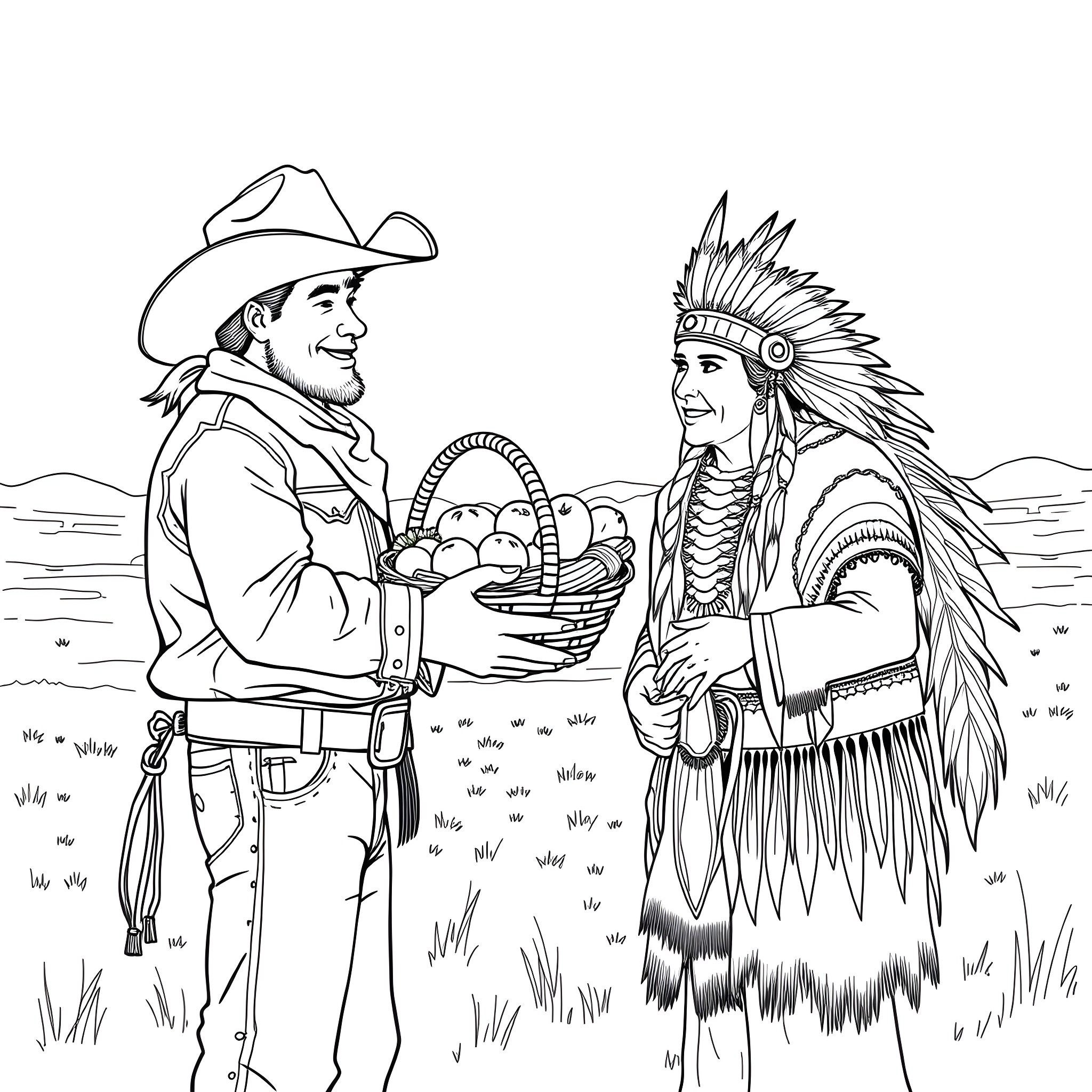 Cowboy and Native American man sharing goods in the wilderness Coloring Page (free black-and-white line drawing printable PDF for all, from beginners to advanced learners, including children, teens, adults, and seniors)