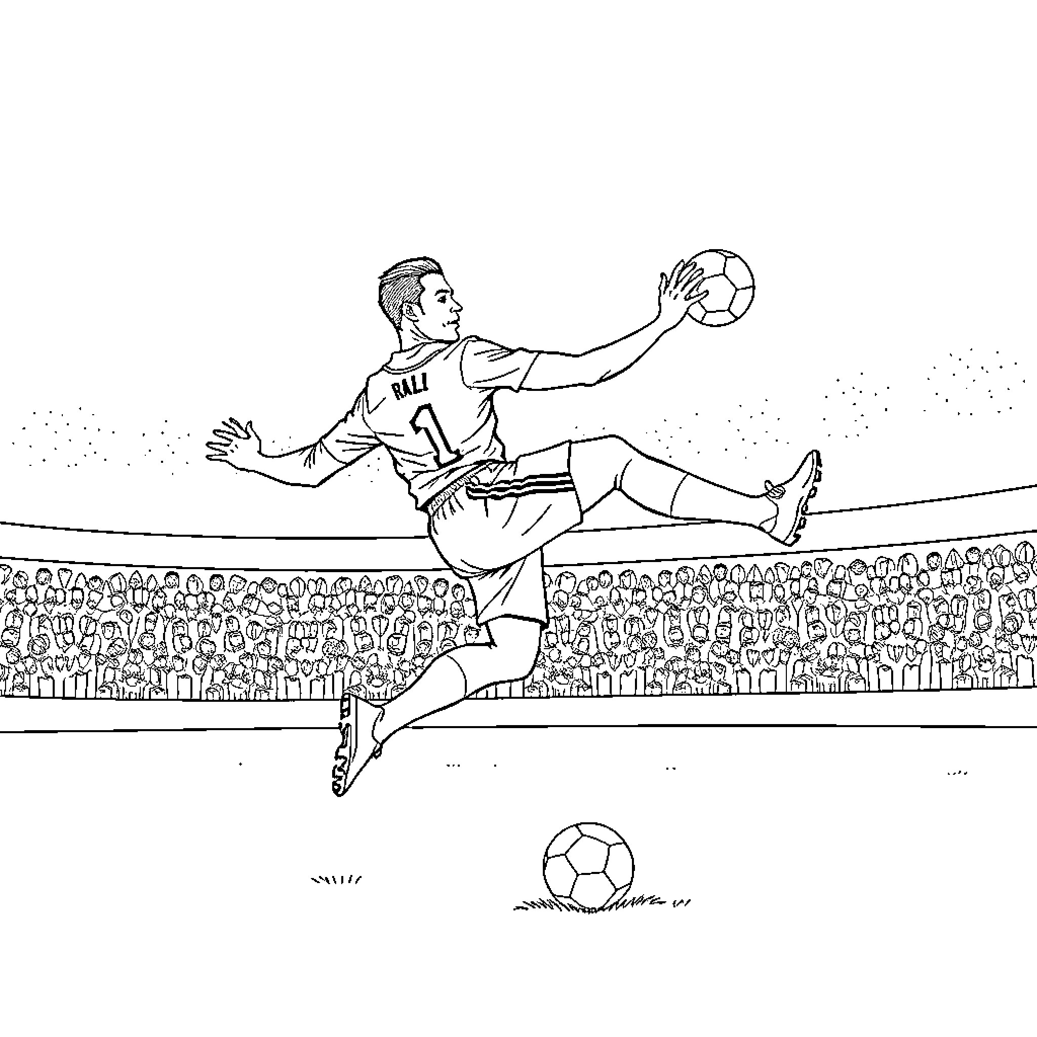 Cristiano Ronaldo in an acrobatic soccer move Coloring Page (free black-and-white line drawing printable PDF for all, from beginners to advanced learners, including children, teens, adults, and seniors)
