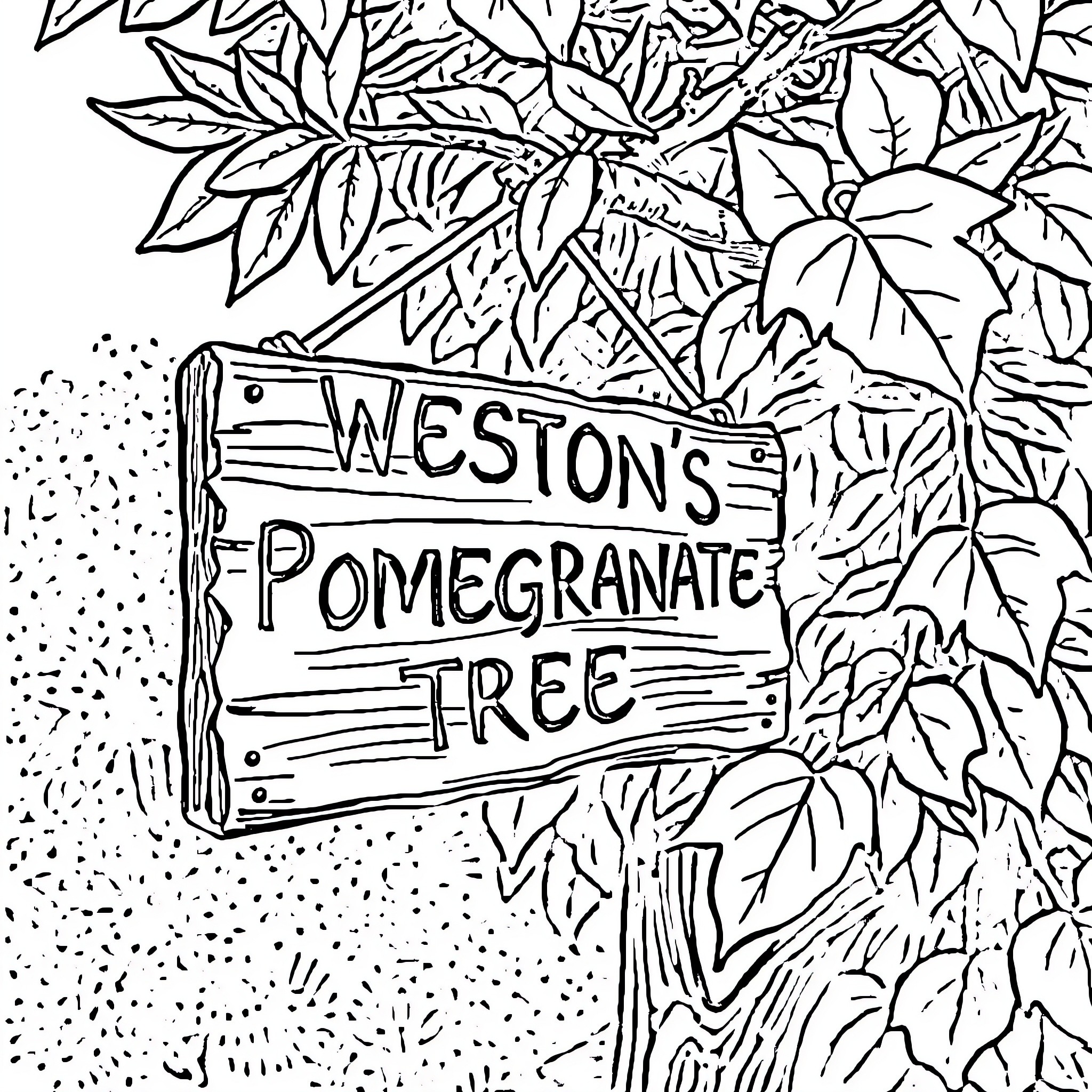 Pomegranate tree with sign Coloring Page (free black-and-white line drawing printable PDF for all, from beginners to advanced learners, including children, teens, adults, and seniors)