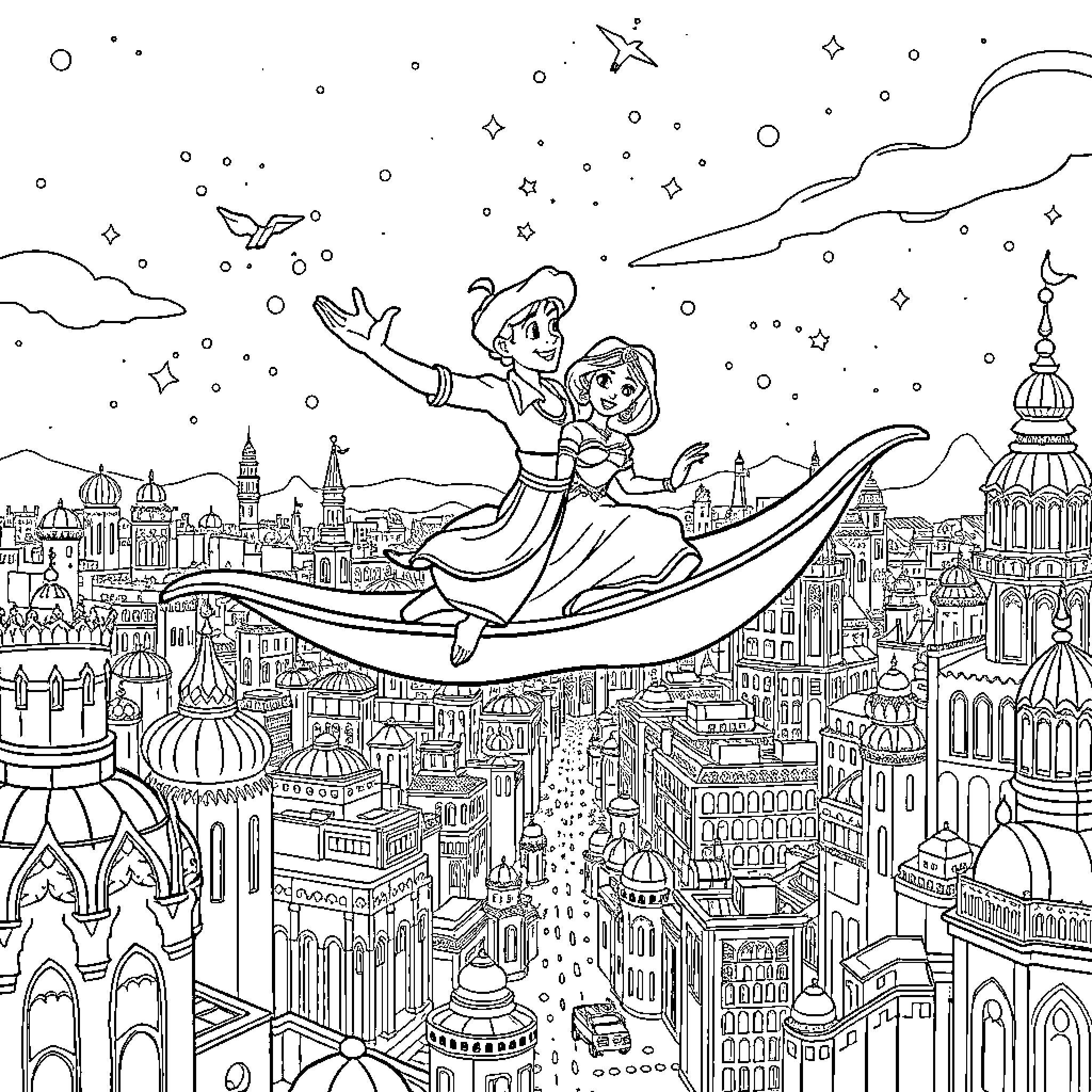 Aladdin and Jasmine soaring over the magical city Coloring Page (free black-and-white line drawing printable PDF for all, from beginners to advanced learners, including children, teens, adults, and seniors)