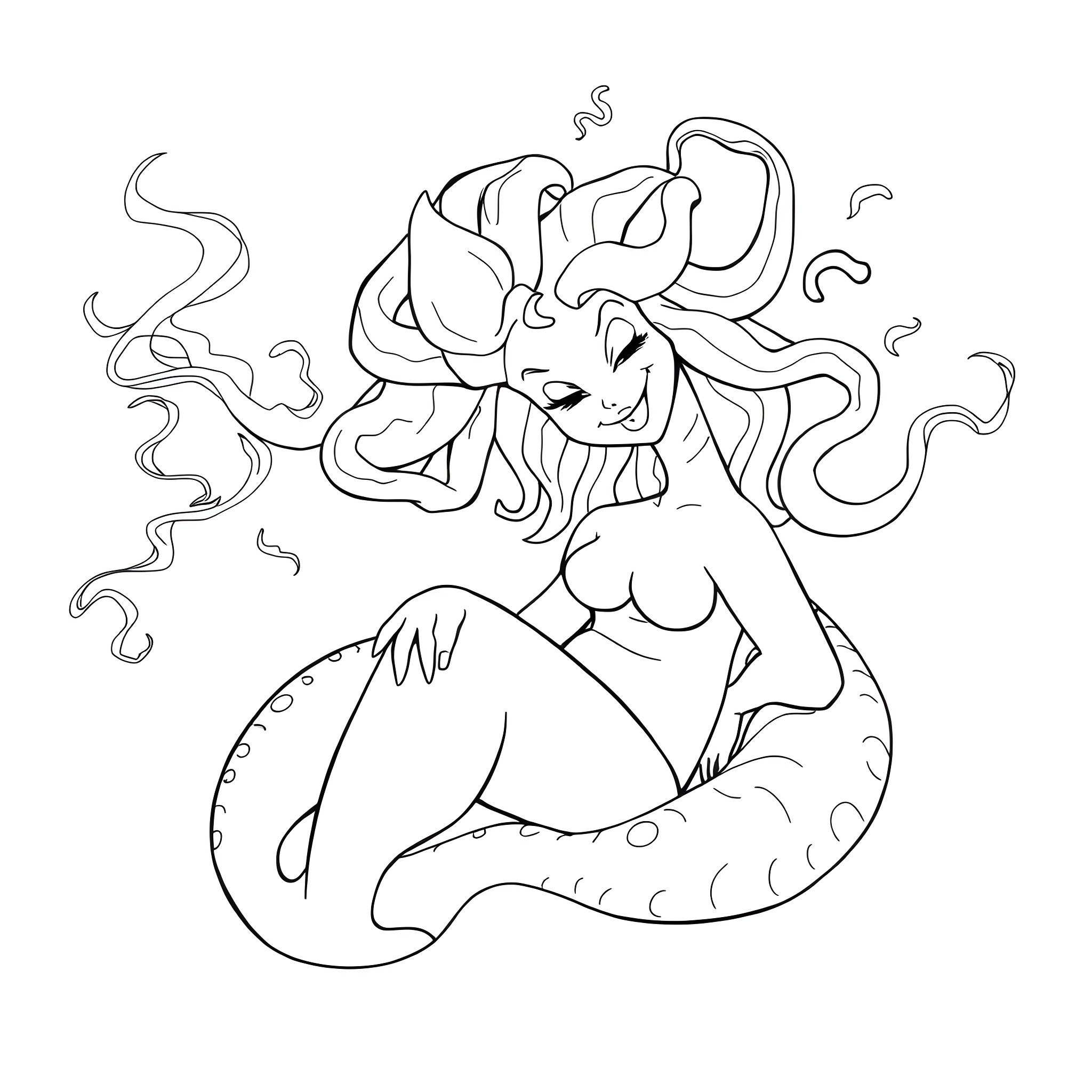 Medusa the Mythical Mermaid in Thought Coloring Page (free black-and-white line drawing printable PDF for all, from beginners to advanced learners, including children, teens, adults, and seniors)
