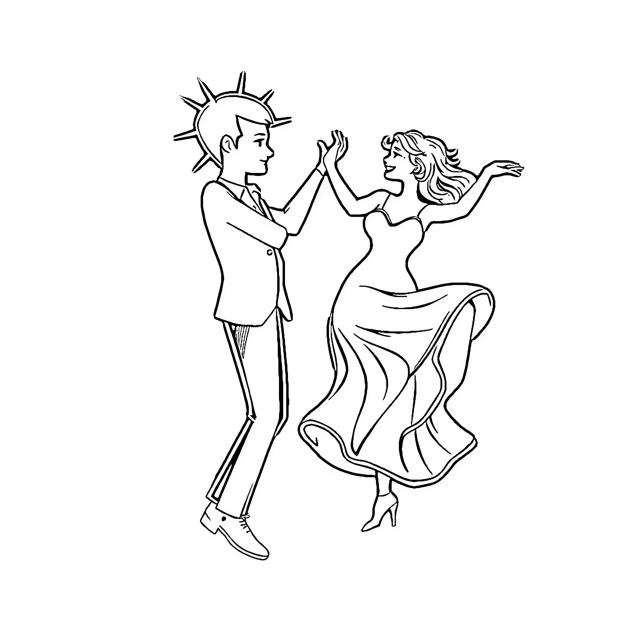 Vector Couple Dancing in Stylish Outfits Coloring Page (free black-and-white line drawing printable PDF for all, from beginners to advanced learners, including children, teens, adults, and seniors)