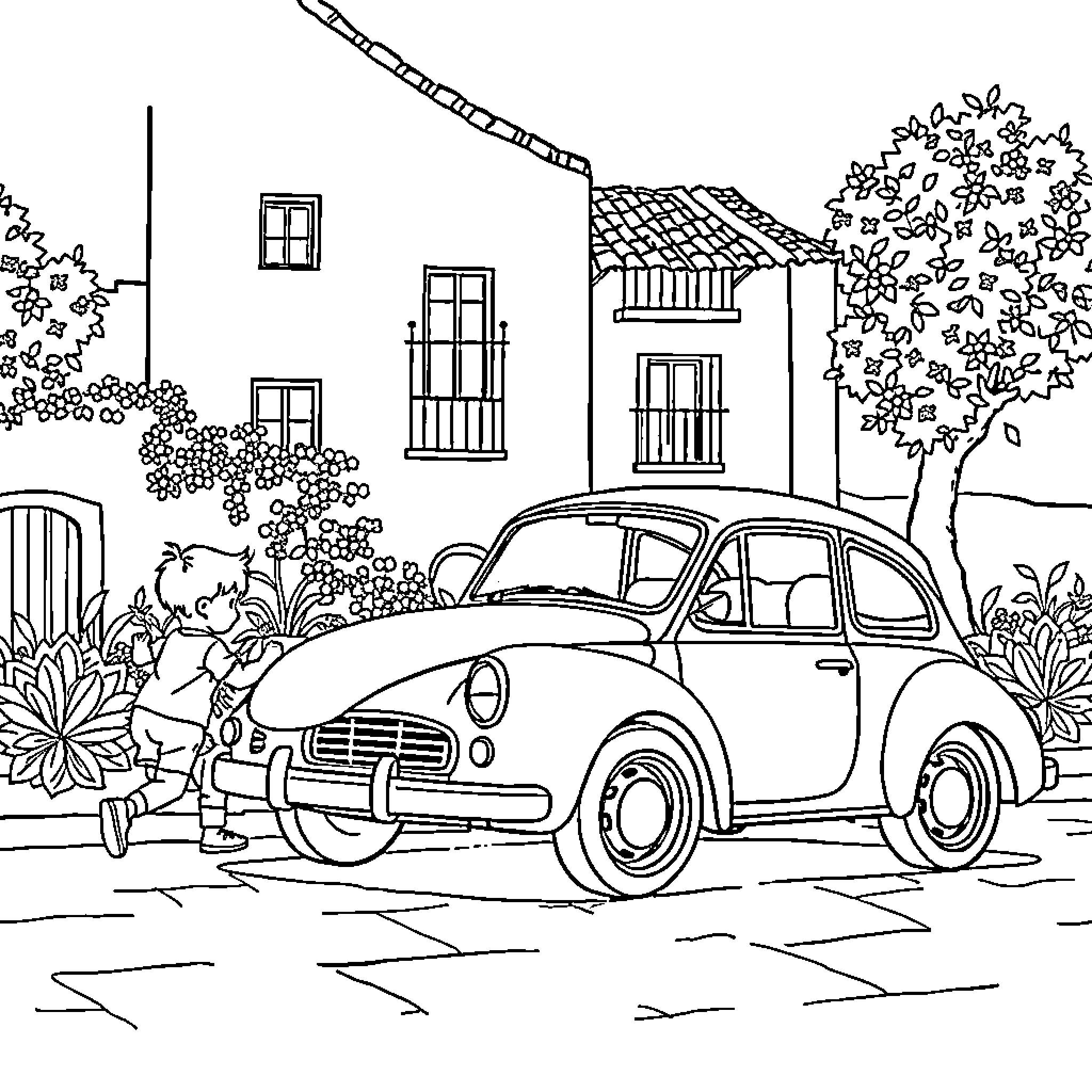Coche parked in front of quaint countryside home Coloring Page (free black-and-white line drawing printable PDF for all, from beginners to advanced learners, including children, teens, adults, and seniors)