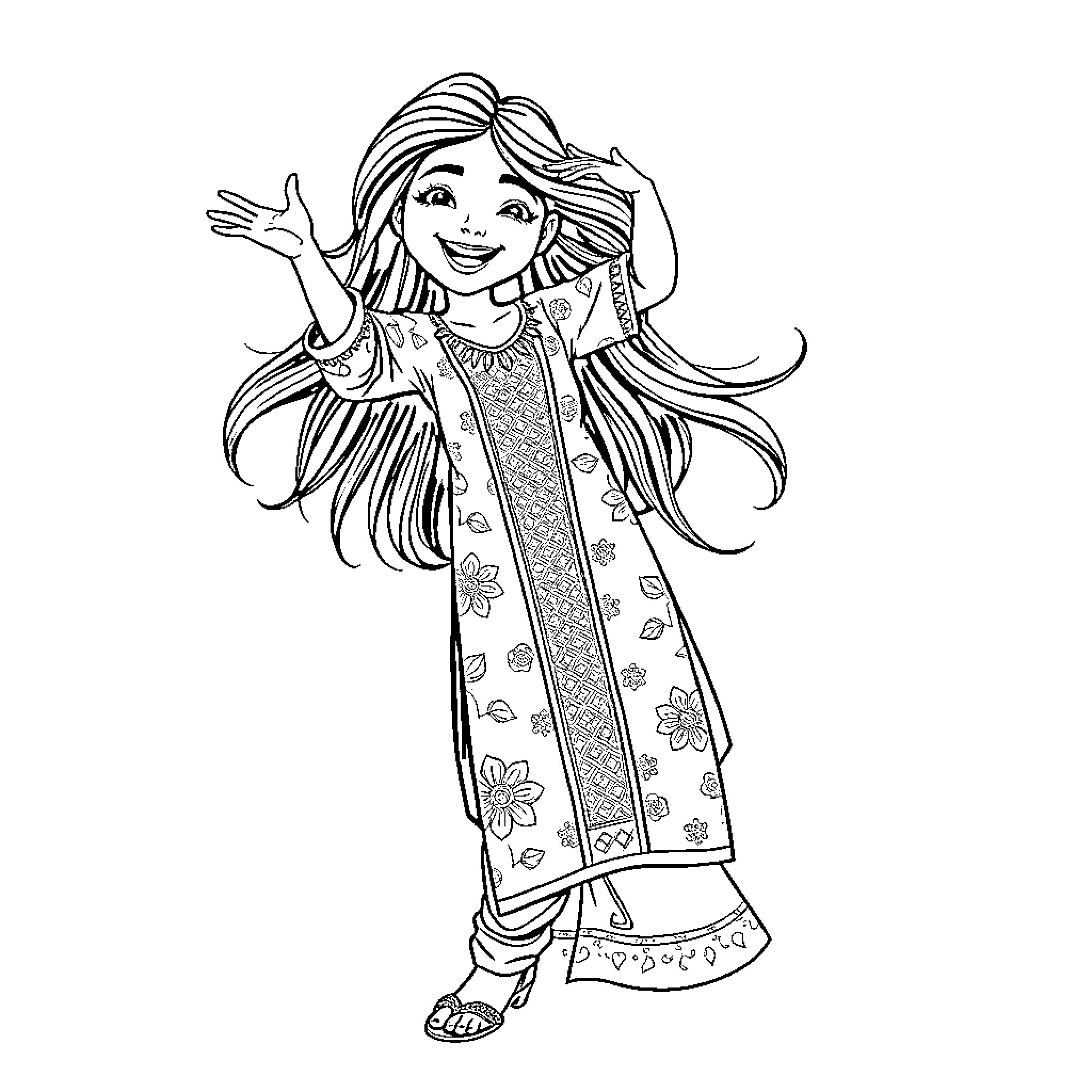 Girl expressing joy in a floral dress Coloring Page (free black-and-white line drawing printable PDF for all, from beginners to advanced learners, including children, teens, adults, and seniors)