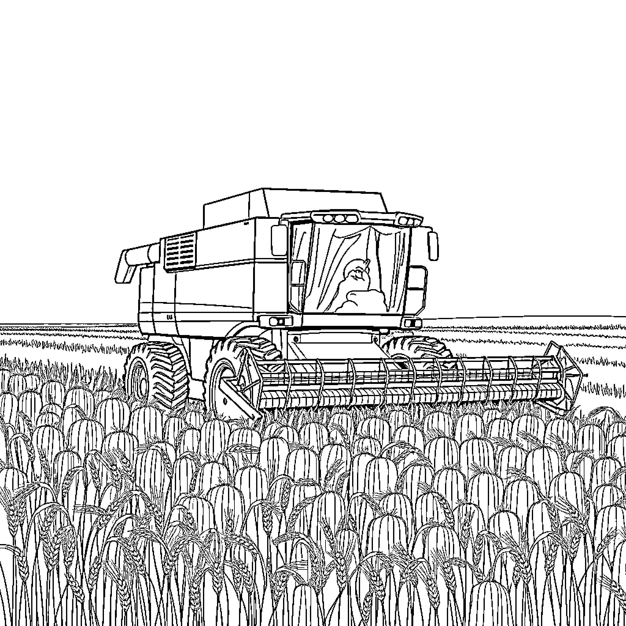 Combine Harvester Working in Wheat Field Coloring Page (free black-and-white line drawing printable PDF for all, from beginners to advanced learners, including children, teens, adults, and seniors)