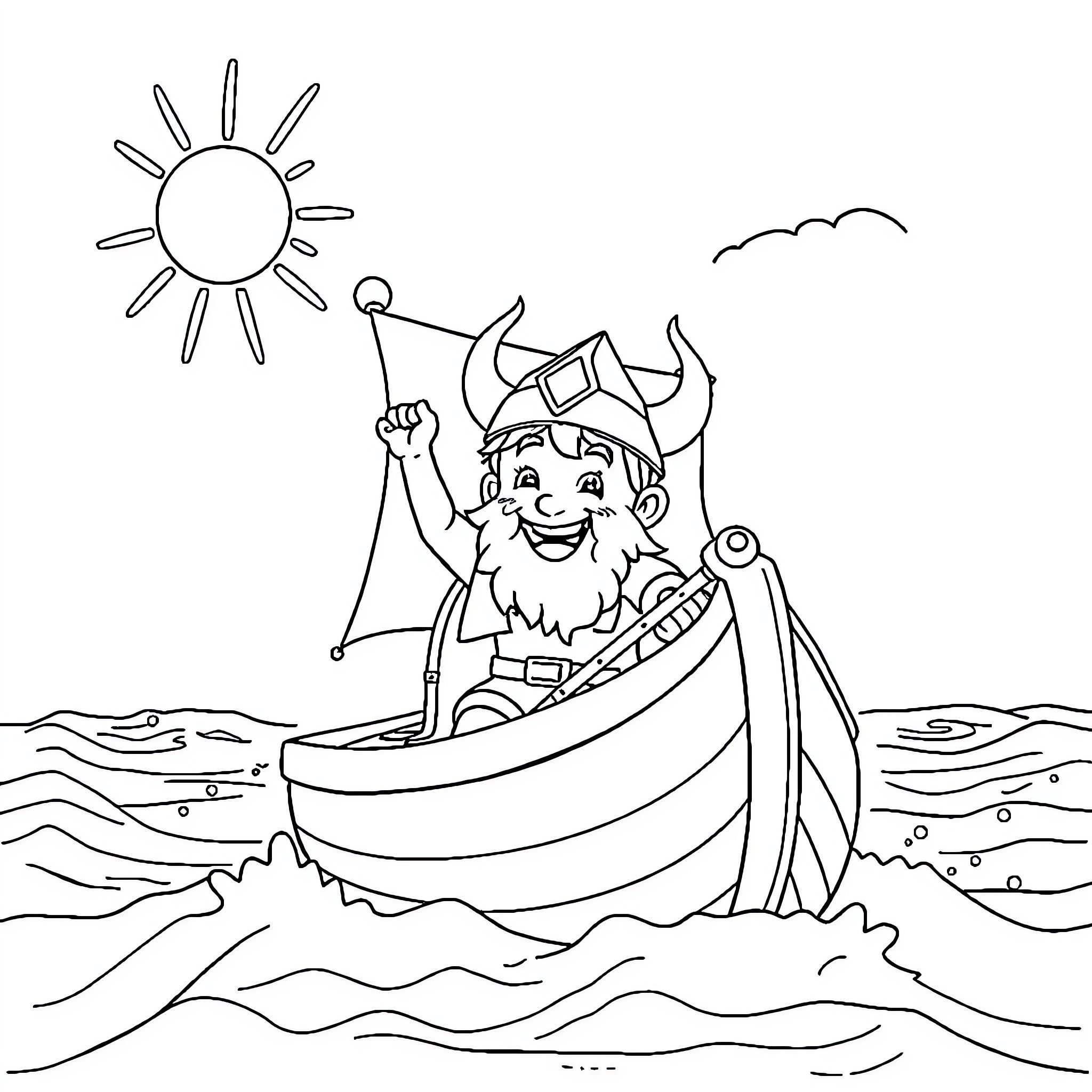 Viking Sailing Joyfully on Waves Coloring Page (free black-and-white line drawing printable PDF for all, from beginners to advanced learners, including children, teens, adults, and seniors)