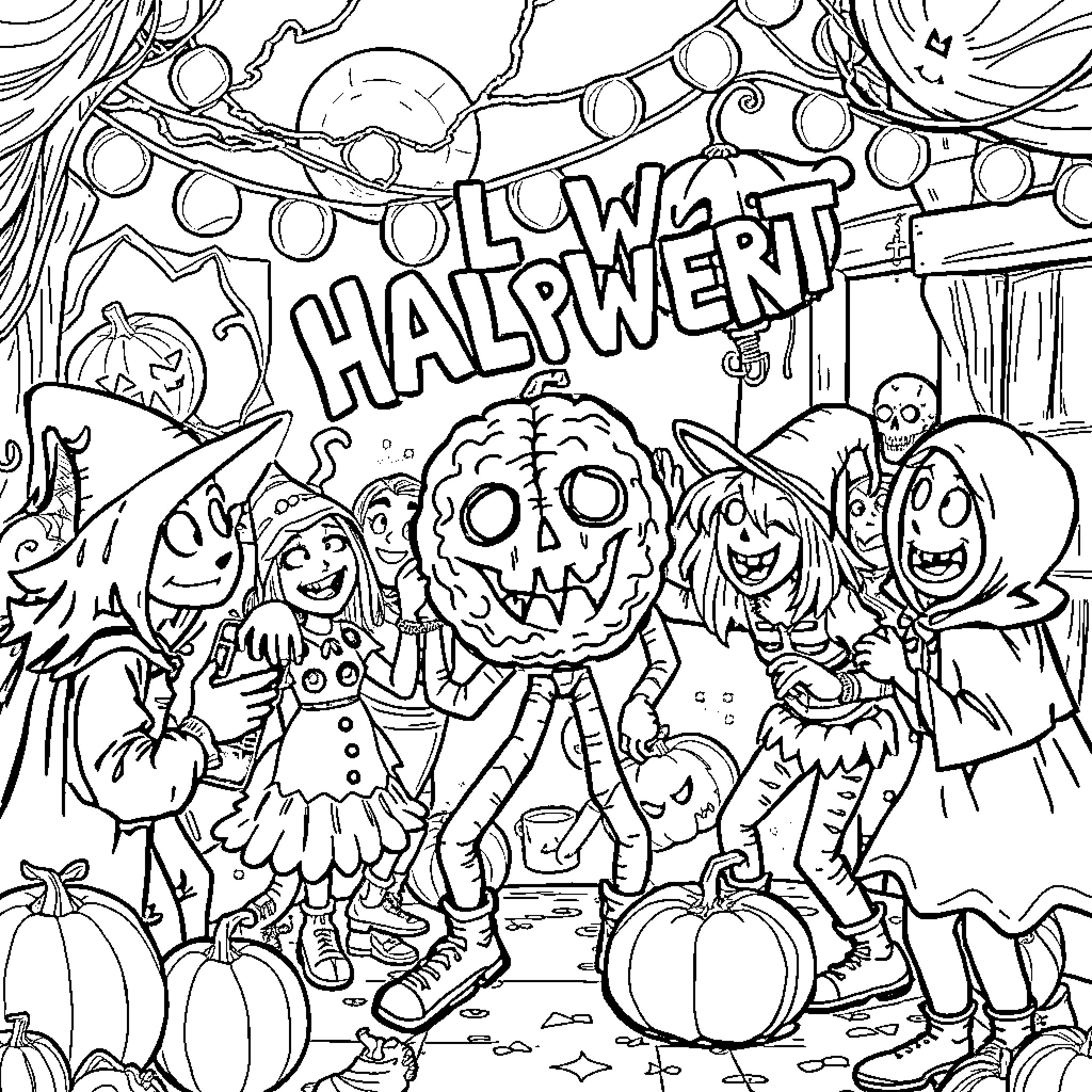 Brainrot: Halloween Costumes and Decorations Coloring Page (free black-and-white line drawing printable PDF for all, from beginners to advanced learners, including children, teens, adults, and seniors)