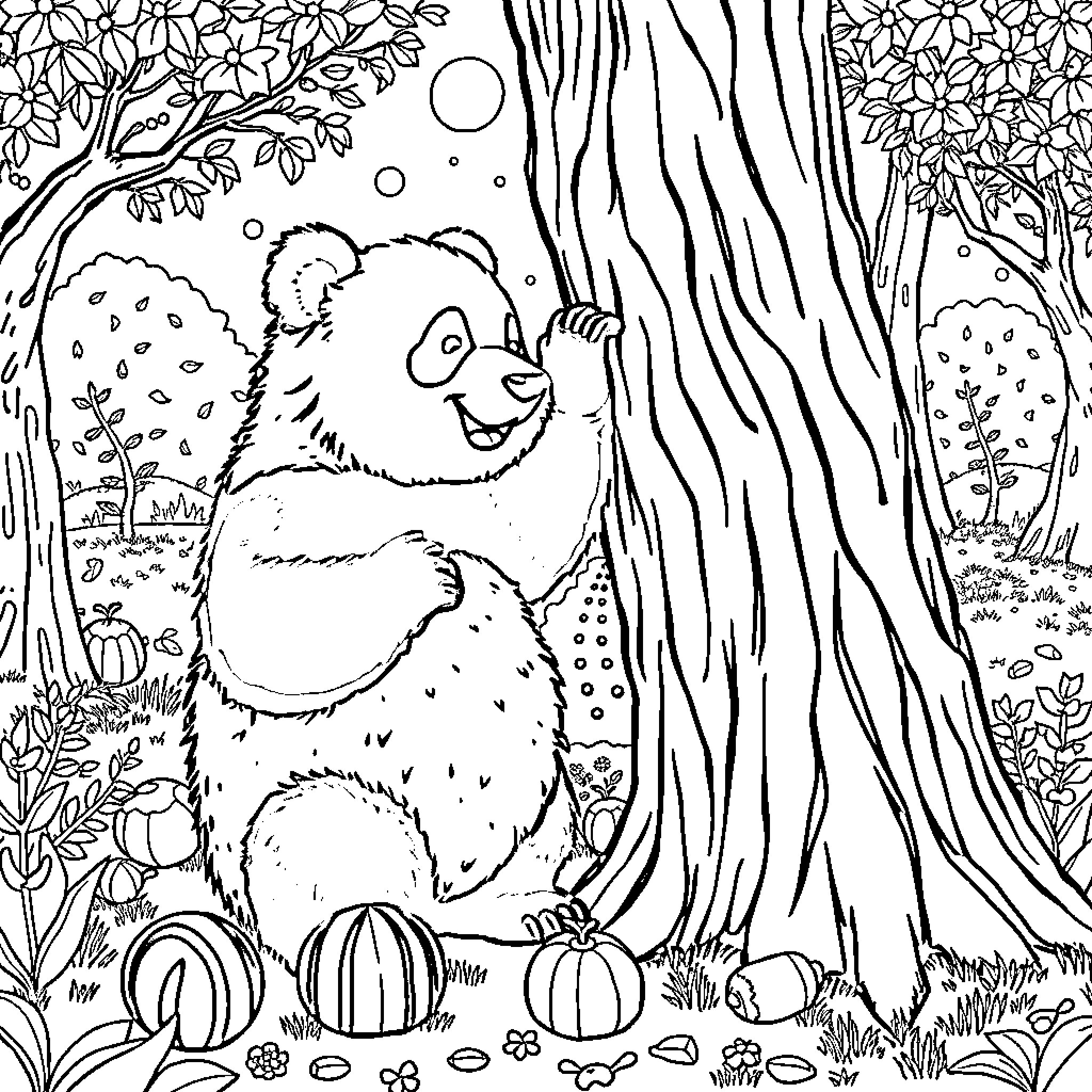 Panda exploring a vibrant forest landscape Coloring Page (free black-and-white line drawing printable PDF for all, from beginners to advanced learners, including children, teens, adults, and seniors)
