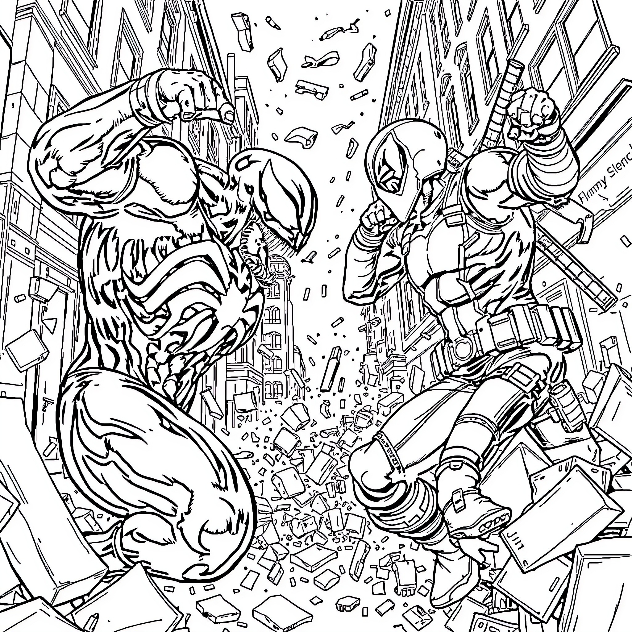 Venom's Ferocious Clash with Spider-Man in the City Coloring Page (free black-and-white line drawing printable PDF for all, from beginners to advanced learners, including children, teens, adults, and seniors)