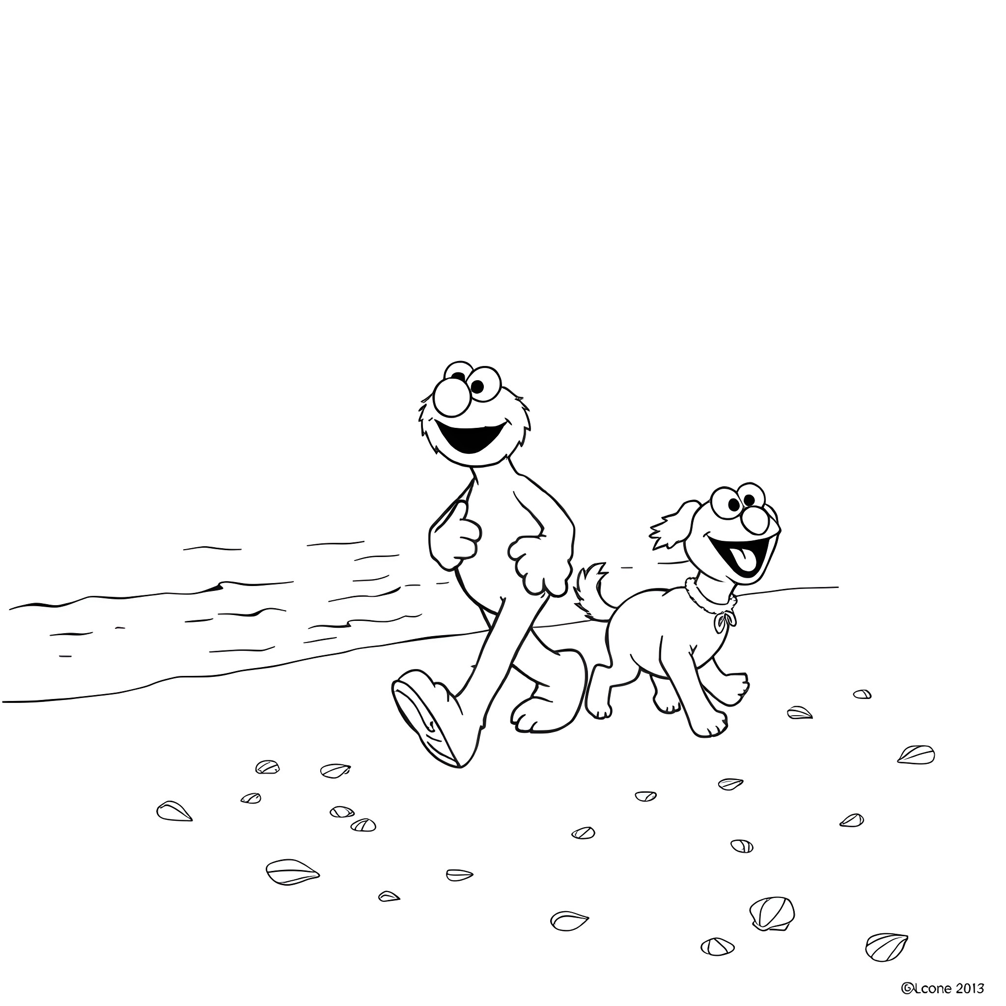 Elmo and friend playing happily on the beach Coloring Page (free black-and-white line drawing printable PDF for all, from beginners to advanced learners, including children, teens, adults, and seniors)