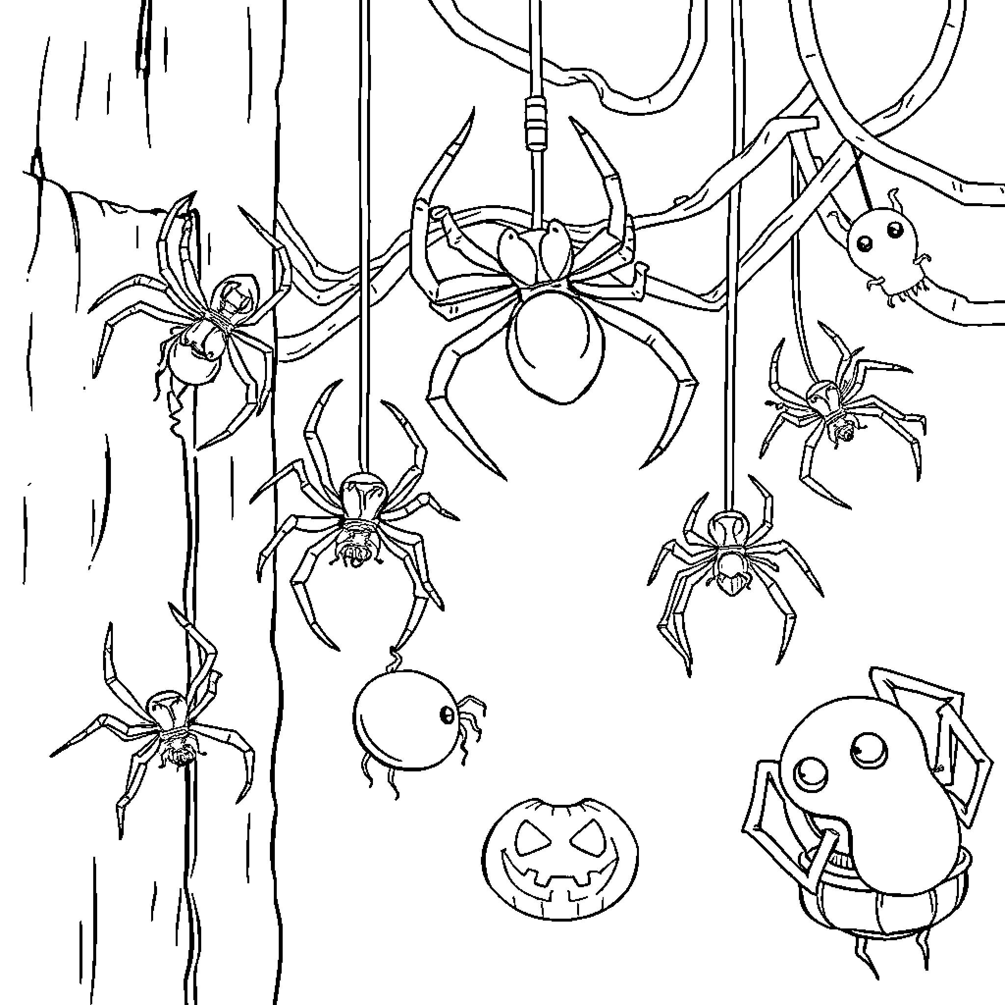 Spider-themed Halloween scene with various arachnids Coloring Page (free black-and-white line drawing printable PDF for all, from beginners to advanced learners, including children, teens, adults, and seniors)
