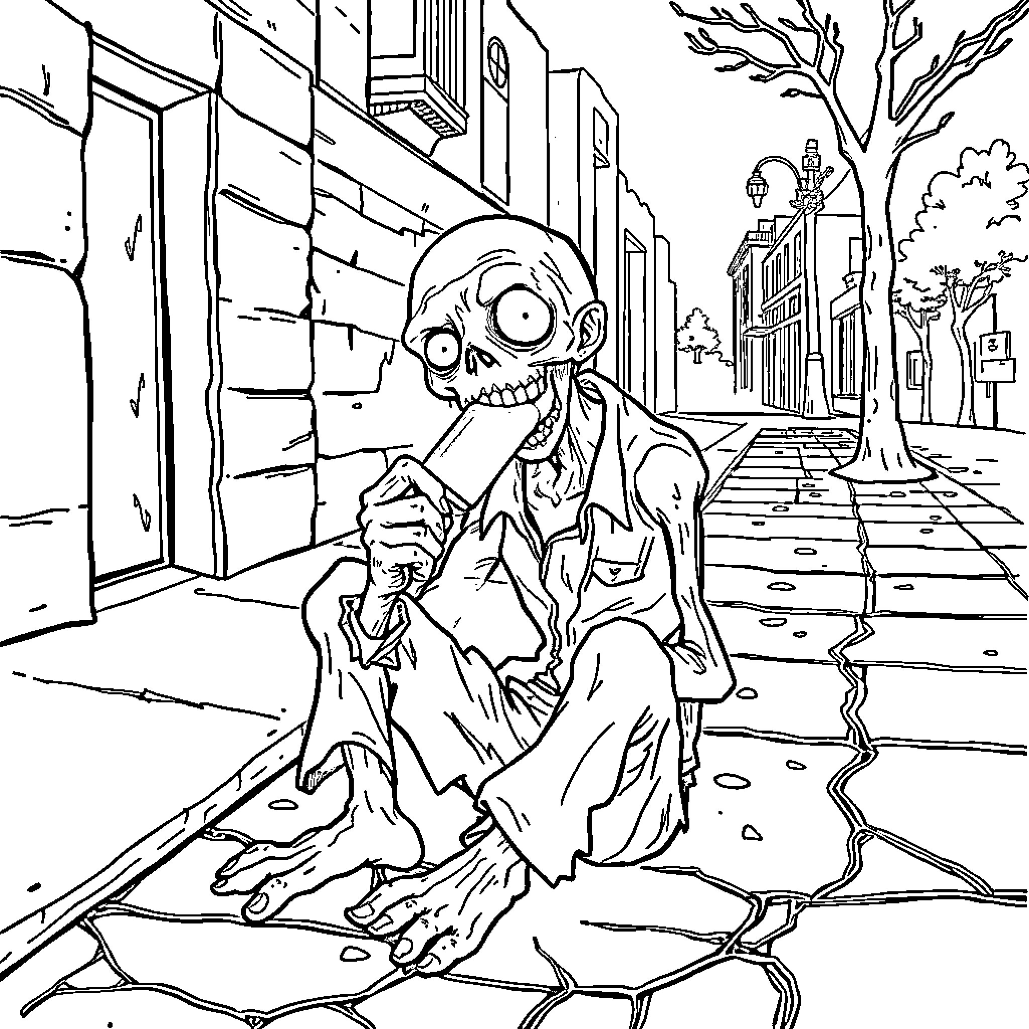 Zombie stumbling through eerie urban landscape Coloring Page (free black-and-white line drawing printable PDF for all, from beginners to advanced learners, including children, teens, adults, and seniors)