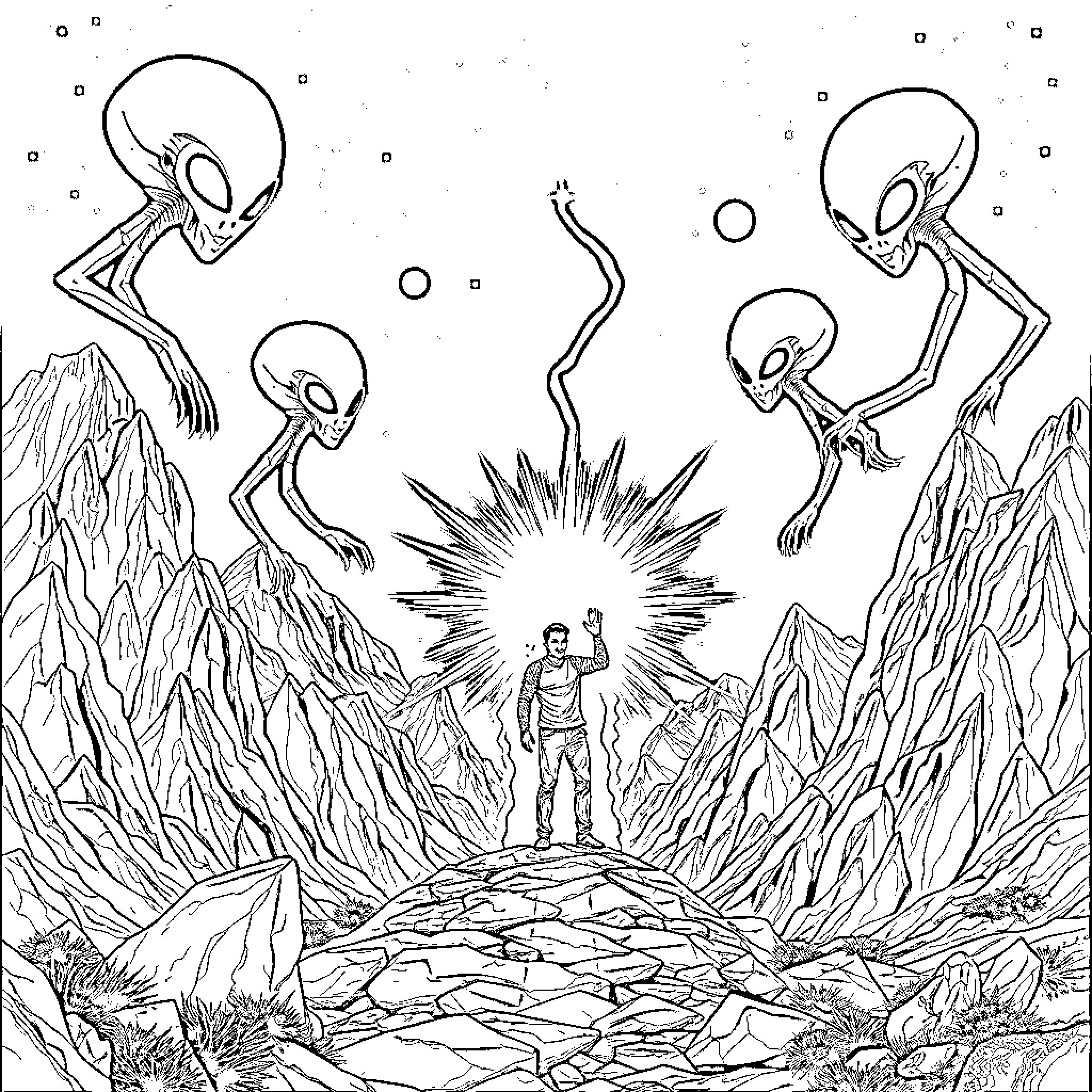 Alien Encounter: Unraveling the Mysteries of the Universe Coloring Page (free black-and-white line drawing printable PDF for all, from beginners to advanced learners, including children, teens, adults, and seniors)