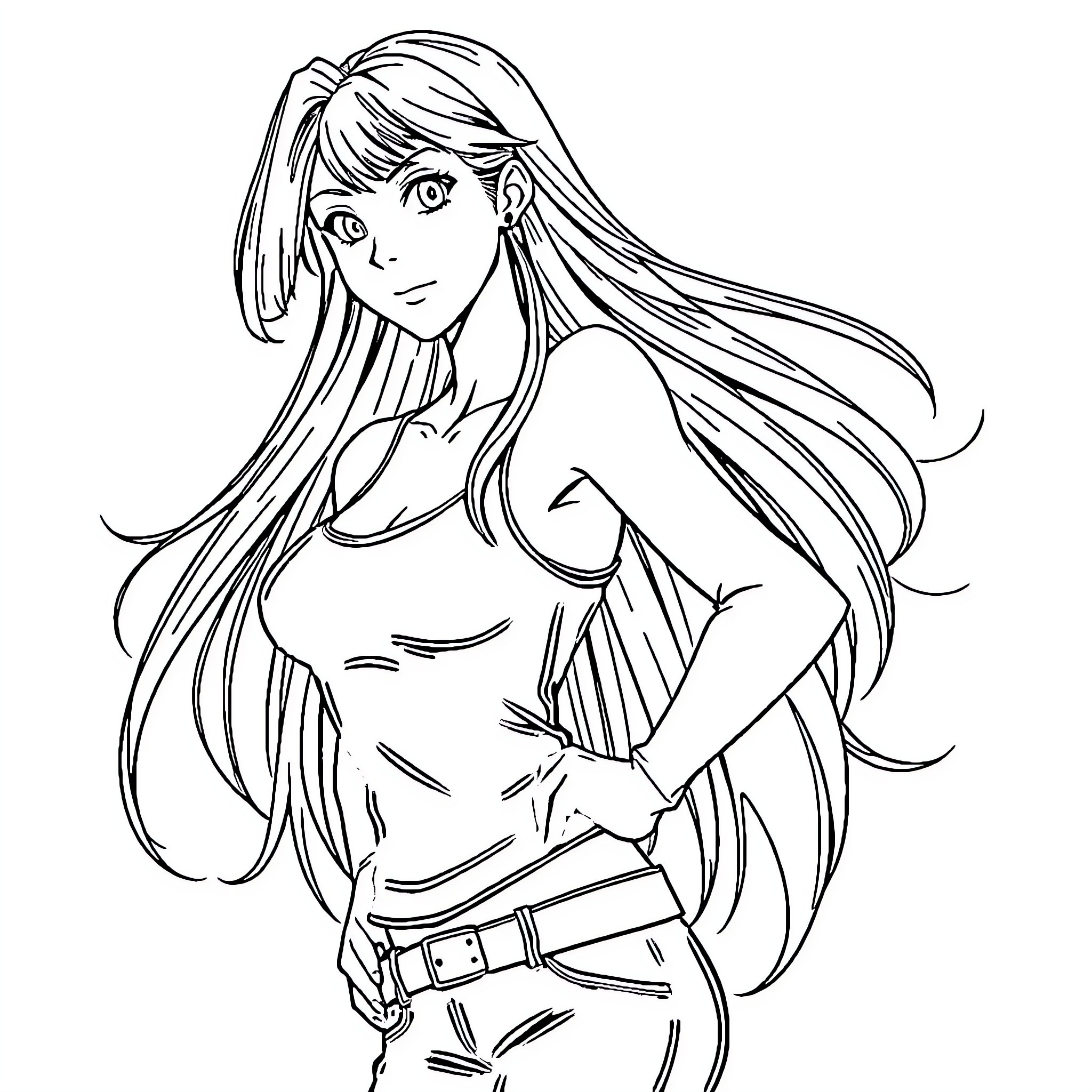 Tifa Lockhart in a confident stance Coloring Page (free black-and-white line drawing printable PDF for all, from beginners to advanced learners, including children, teens, adults, and seniors)