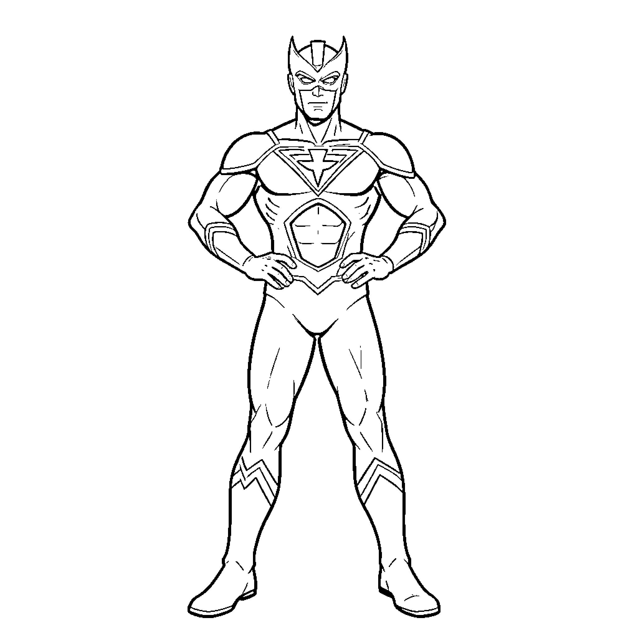 Superman standing heroically in a powerful pose Coloring Page (free black-and-white line drawing printable PDF for all, from beginners to advanced learners, including children, teens, adults, and seniors)