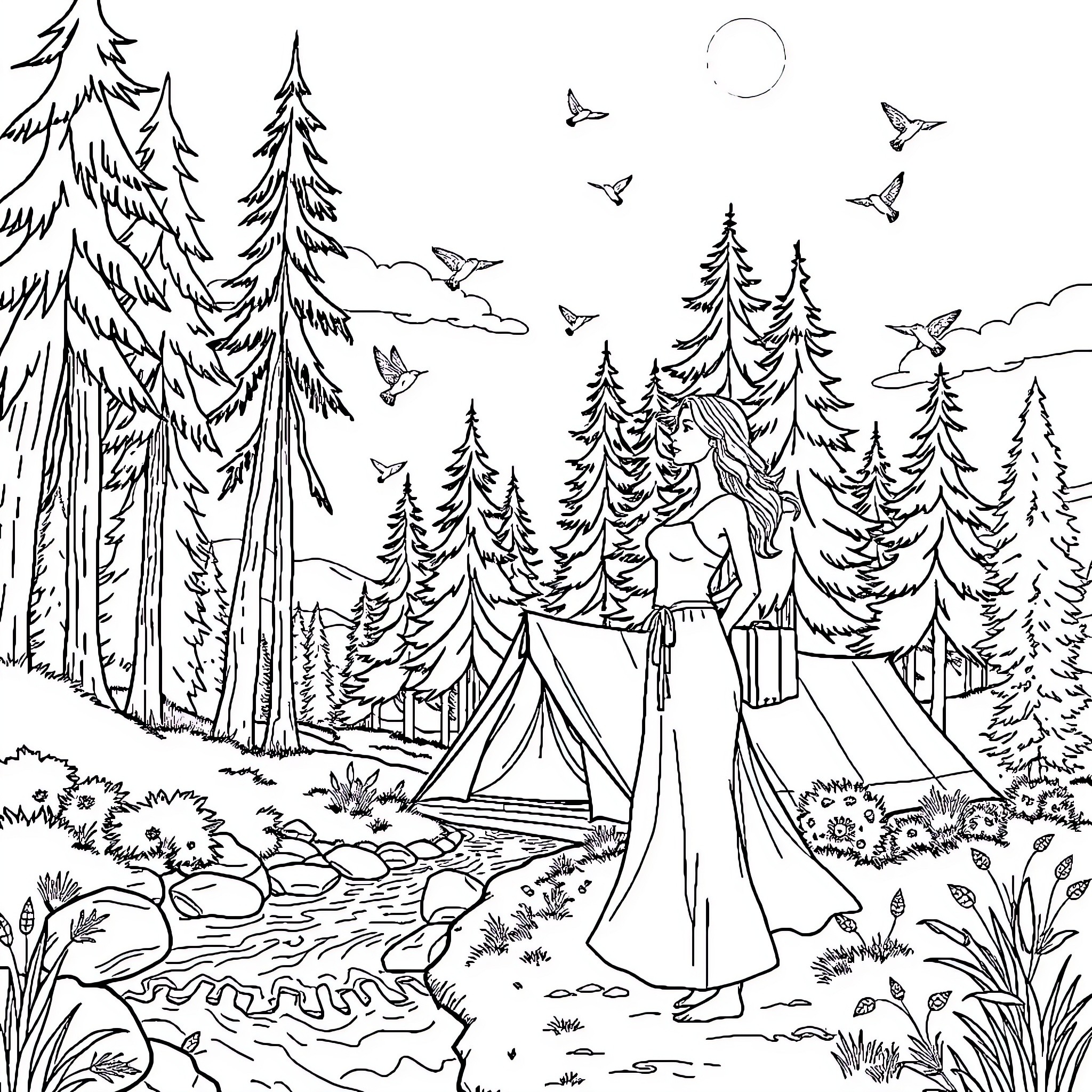 Woman camping in tranquil forest landscape Coloring Page (free black-and-white line drawing printable PDF for all, from beginners to advanced learners, including children, teens, adults, and seniors)