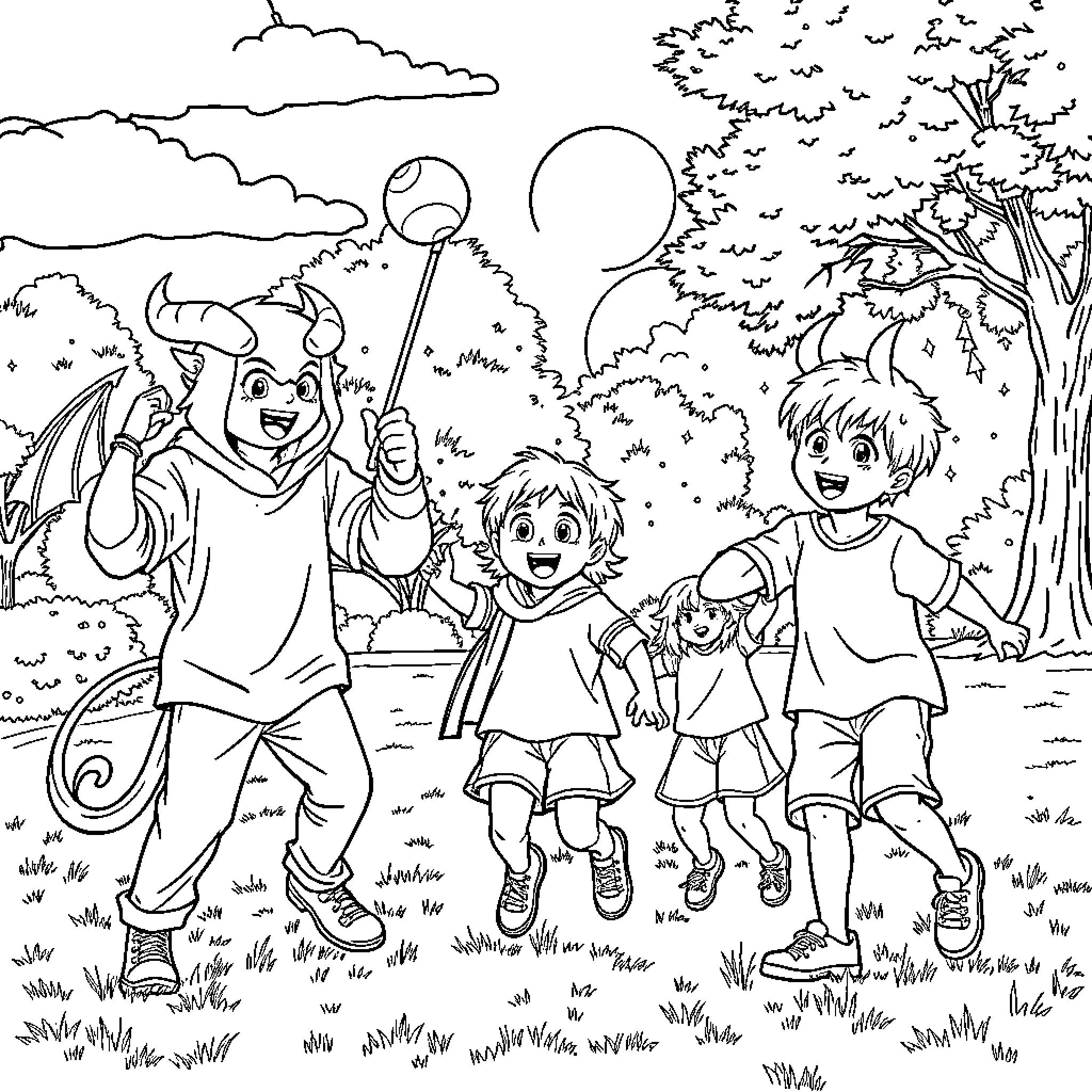 Demon Hunter's Playful Adventure with Friends Coloring Page (free black-and-white line drawing printable PDF for all, from beginners to advanced learners, including children, teens, adults, and seniors)