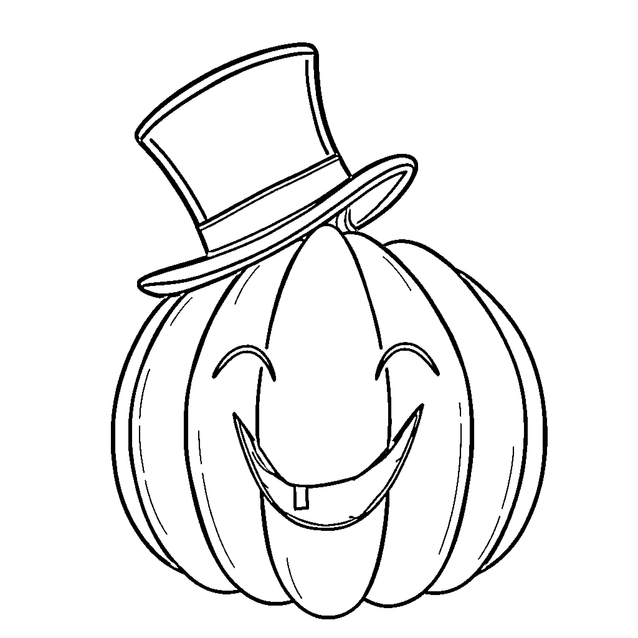 Pumpkin with a smiling expression and wearing a top hat Coloring Page (free black-and-white line drawing printable PDF for all, from beginners to advanced learners, including children, teens, adults, and seniors)