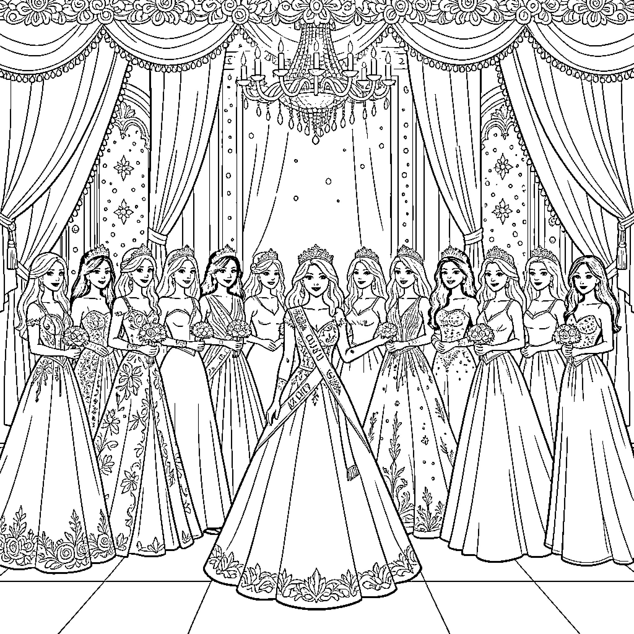Reina leading a group of elegant ladies in ballgowns Coloring Page (free black-and-white line drawing printable PDF for all, from beginners to advanced learners, including children, teens, adults, and seniors)