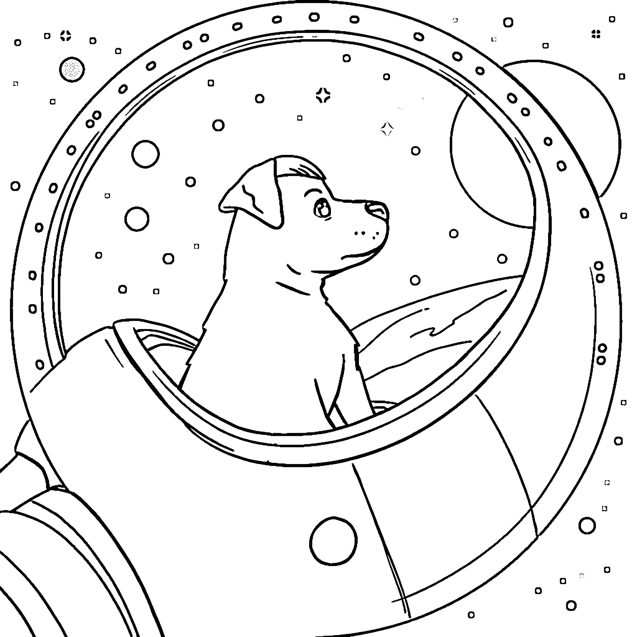 Dog gazing through a snowy window Coloring Page (free black-and-white line drawing printable PDF for all, from beginners to advanced learners, including children, teens, adults, and seniors)