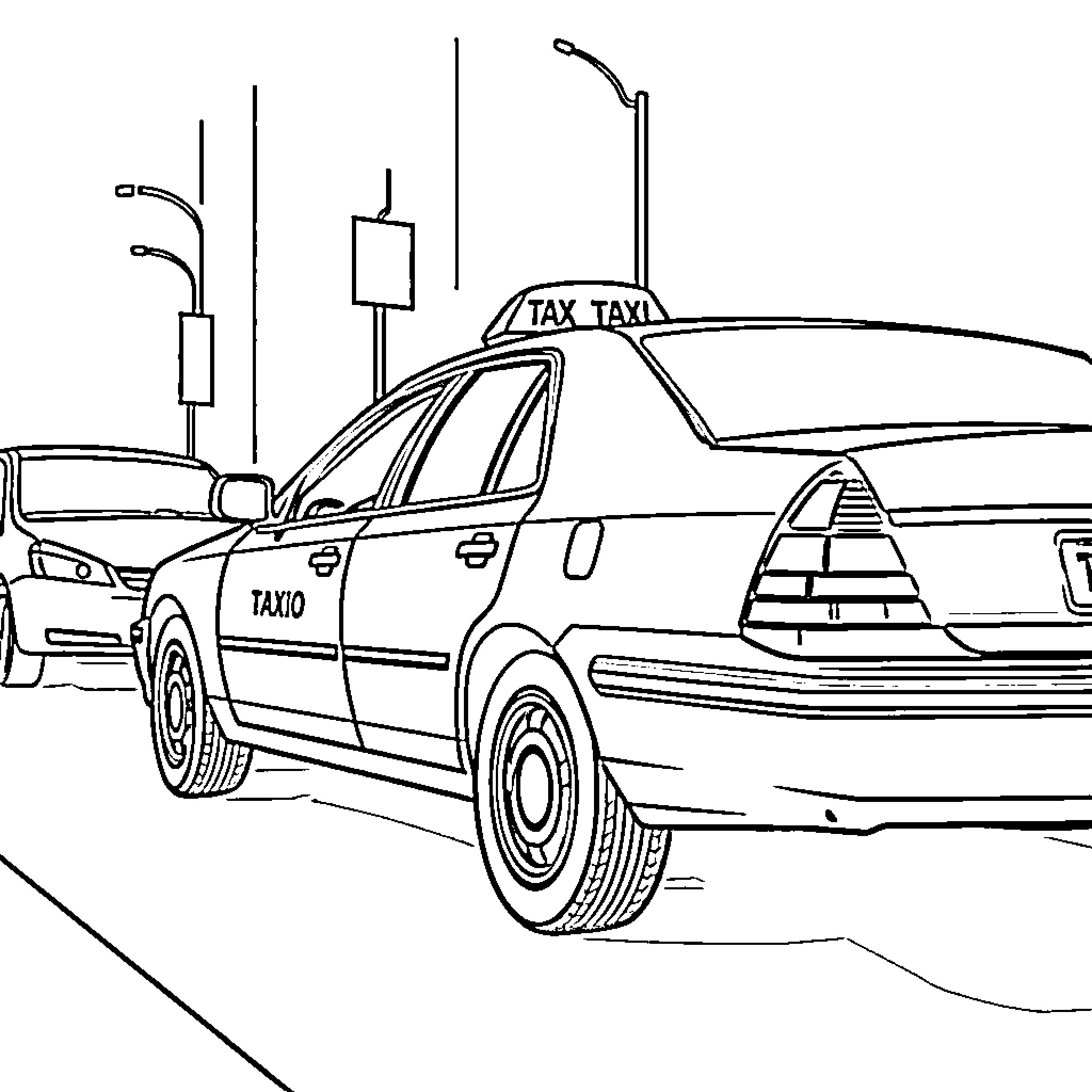 Taxi cab on busy city street Coloring Page (free black-and-white line drawing printable PDF for all, from beginners to advanced learners, including children, teens, adults, and seniors)