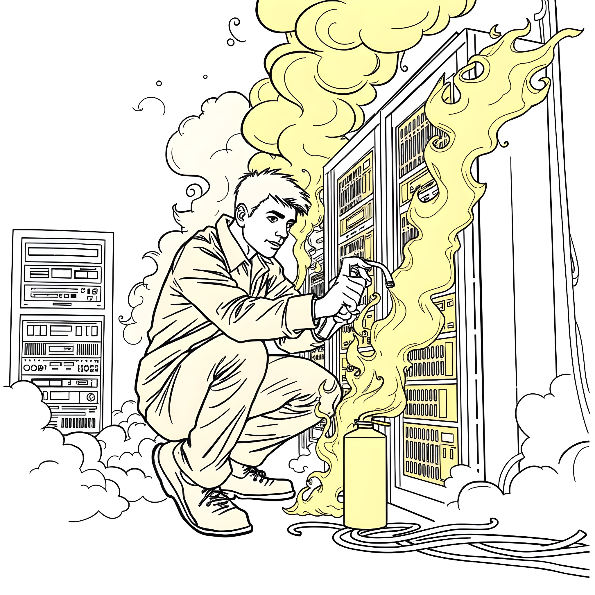 IT Guy Troubleshooting Equipment in an Emergency Coloring Page (free black-and-white line drawing printable PDF for all, from beginners to advanced learners, including children, teens, adults, and seniors)