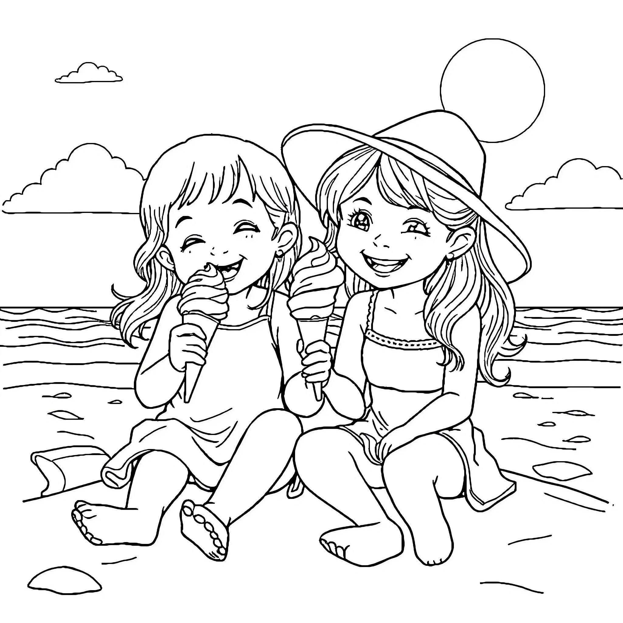 Girls enjoying ice cream by the beach Coloring Page (free black-and-white line drawing printable PDF for all, from beginners to advanced learners, including children, teens, adults, and seniors)