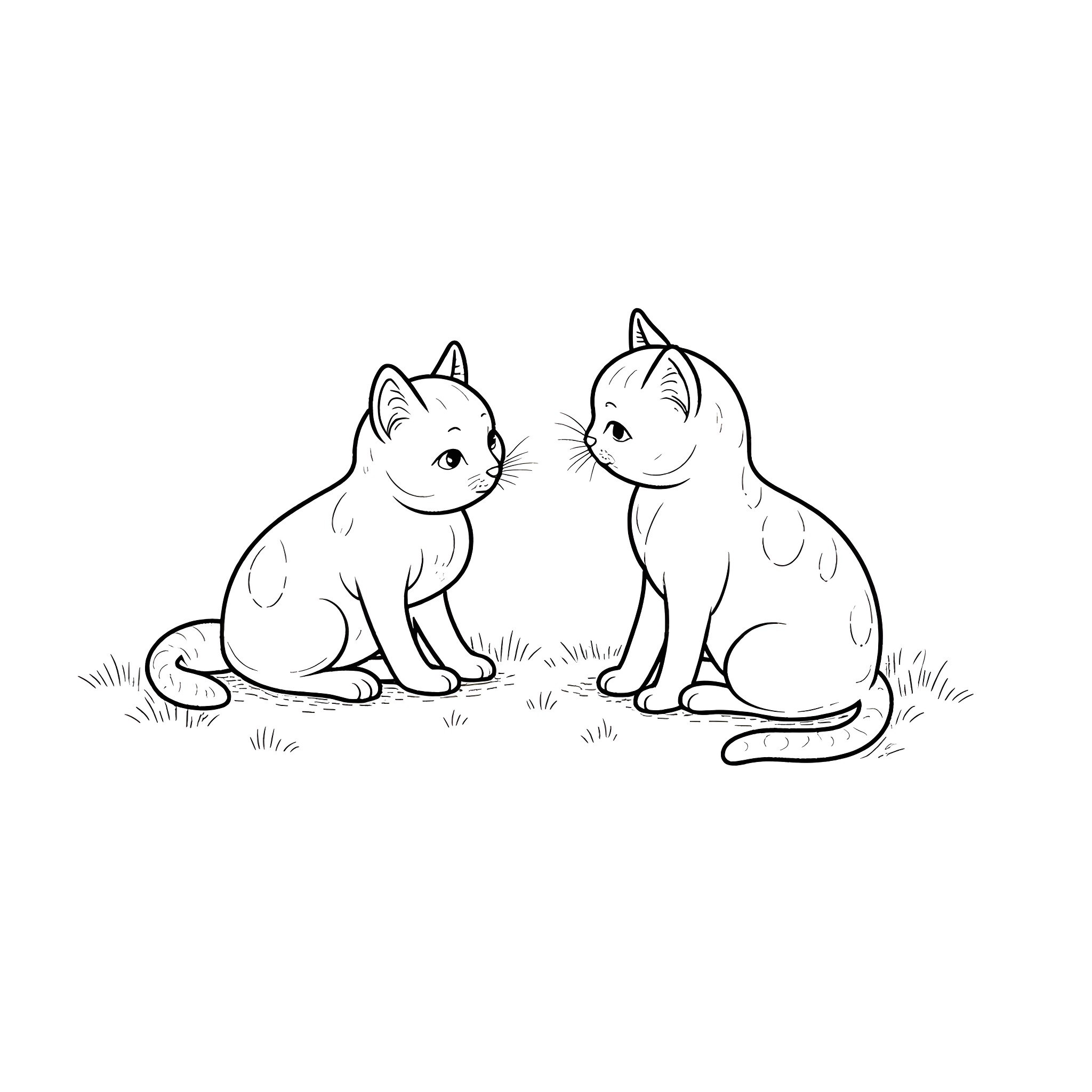 Cat friends relaxing in the grass Coloring Page (free black-and-white line drawing printable PDF for all, from beginners to advanced learners, including children, teens, adults, and seniors)