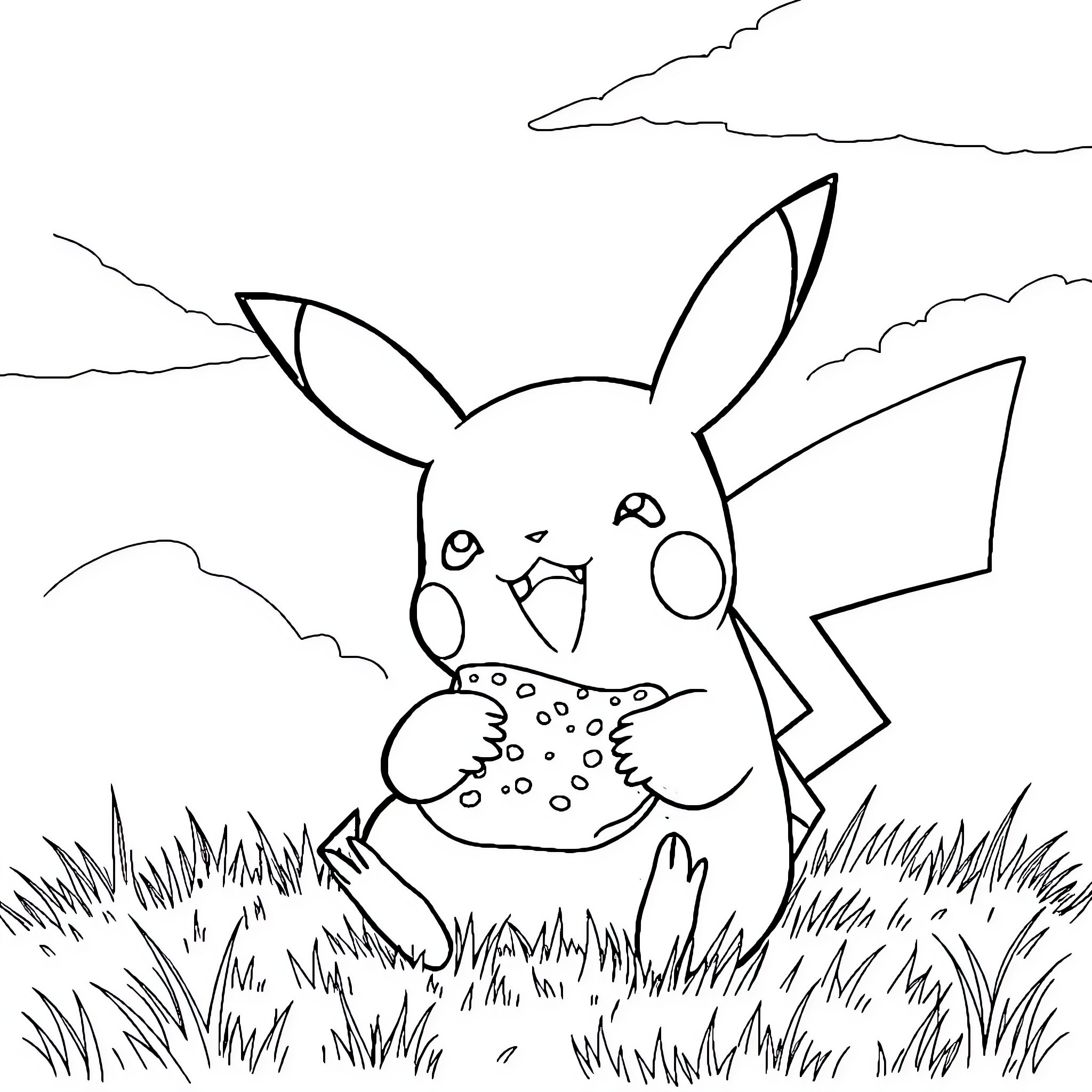 Pikachu exploring the outdoor scenery Coloring Page (free black-and-white line drawing printable PDF for all, from beginners to advanced learners, including children, teens, adults, and seniors)