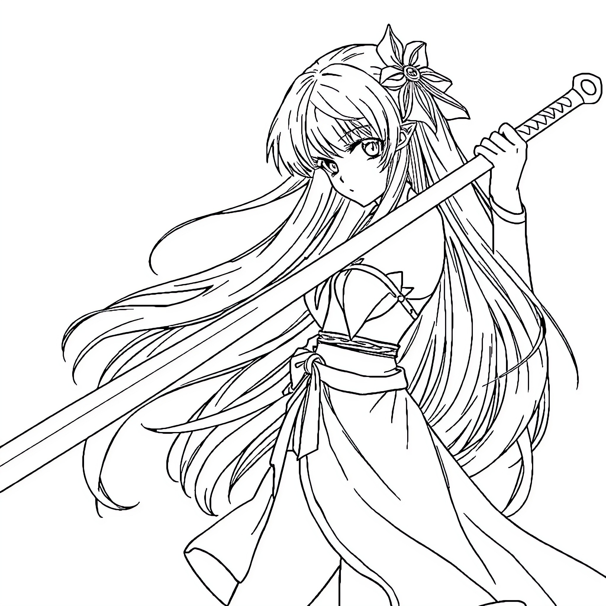 Anime Girl Wielding Sword with Flowing Hair Coloring Page (free black-and-white line drawing printable PDF for all, from beginners to advanced learners, including children, teens, adults, and seniors)