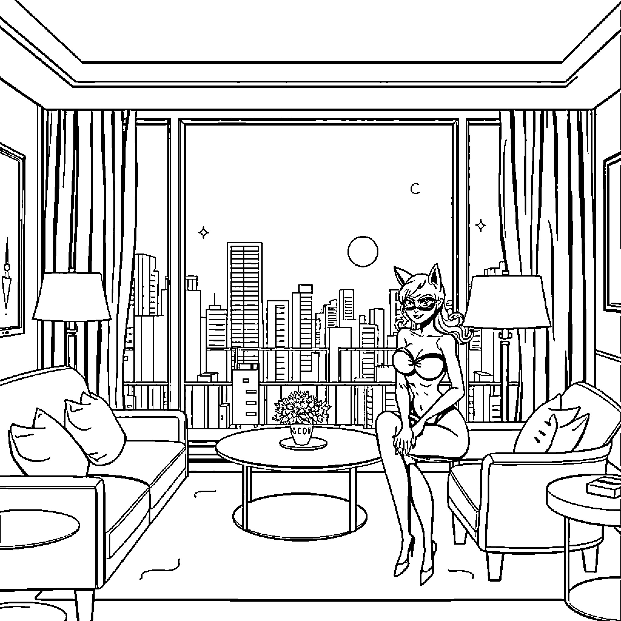 Cat Woman admiring the city view from her luxurious apartment Coloring Page (free black-and-white line drawing printable PDF for all, from beginners to advanced learners, including children, teens, adults, and seniors)