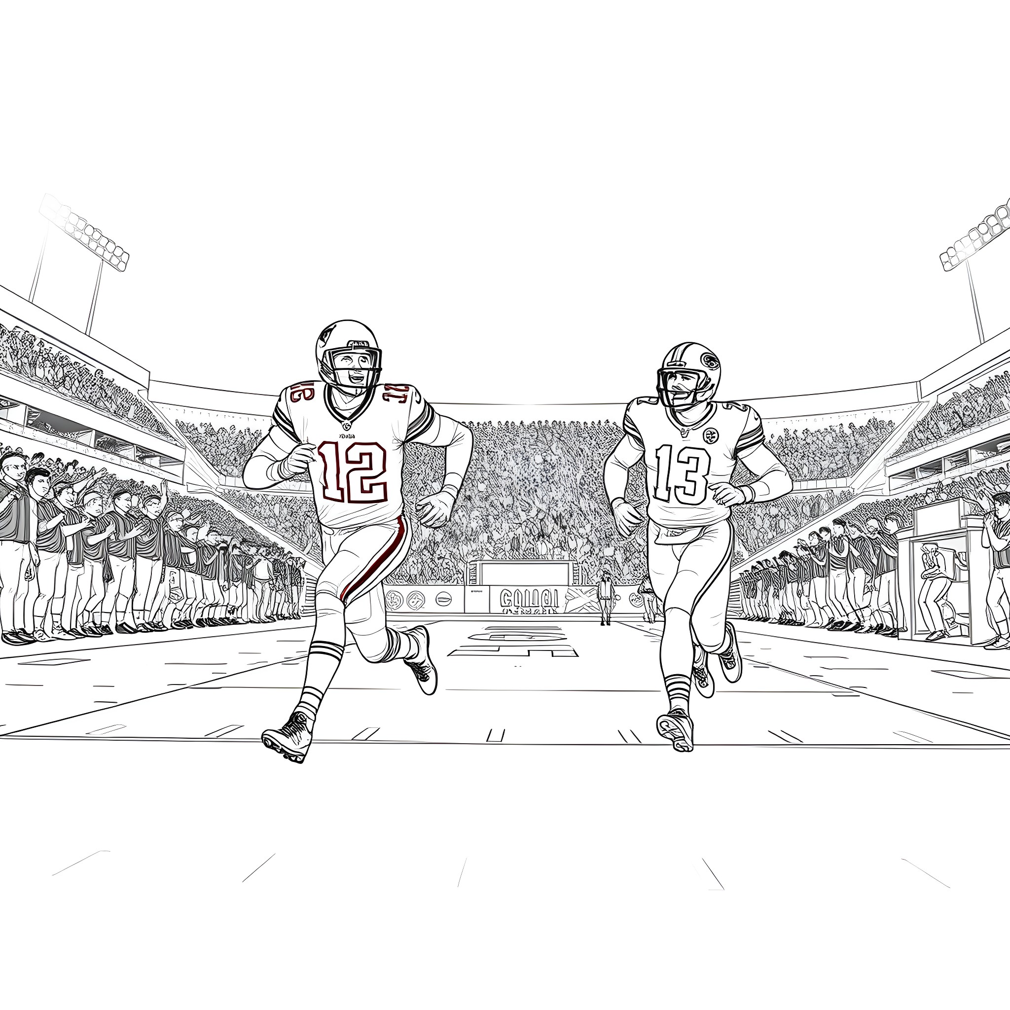Tom Brady and quarterback running onto the field Coloring Page (free black-and-white line drawing printable PDF for all, from beginners to advanced learners, including children, teens, adults, and seniors)