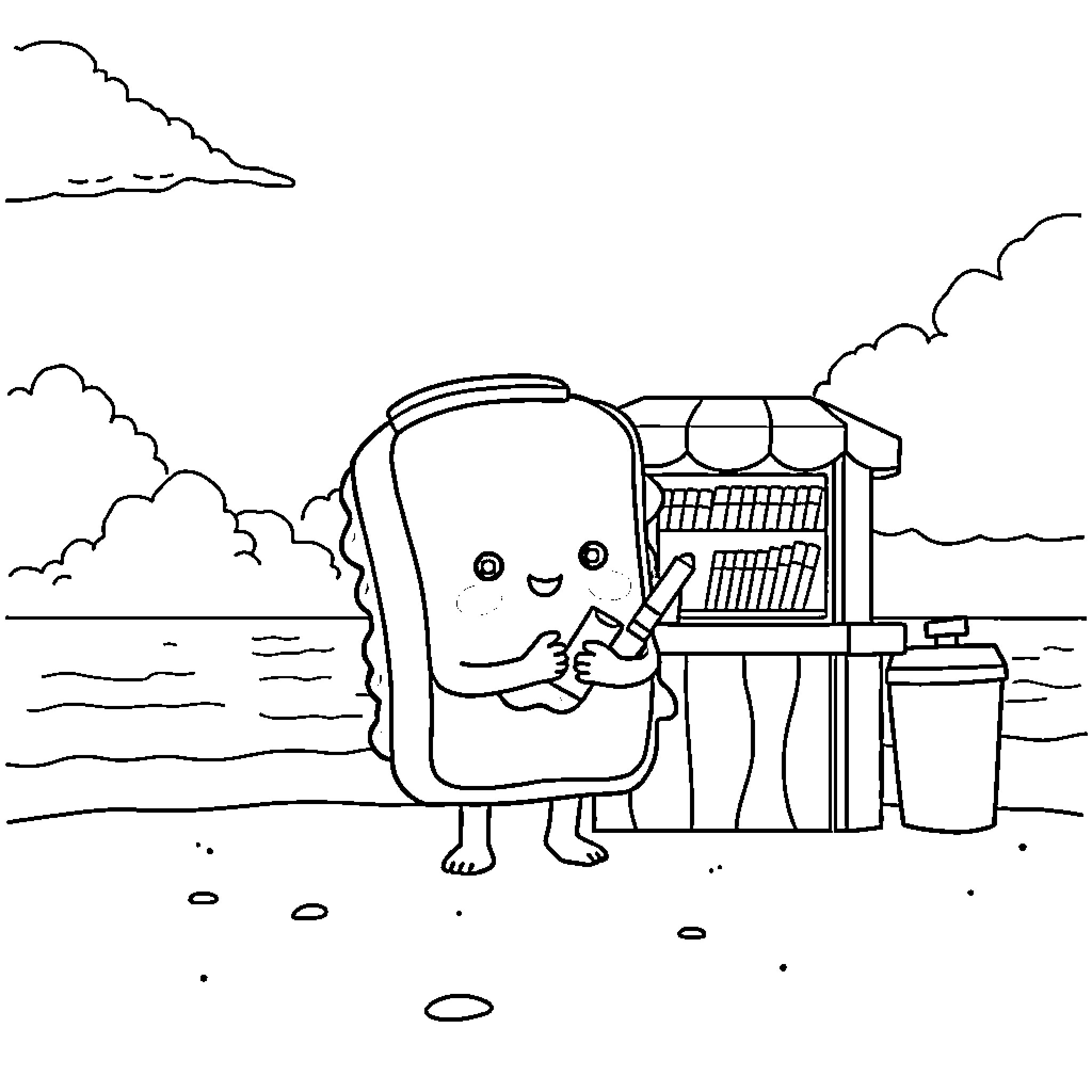 Sandwich character grilling outdoors on the beach Coloring Page (free black-and-white line drawing printable PDF for all, from beginners to advanced learners, including children, teens, adults, and seniors)
