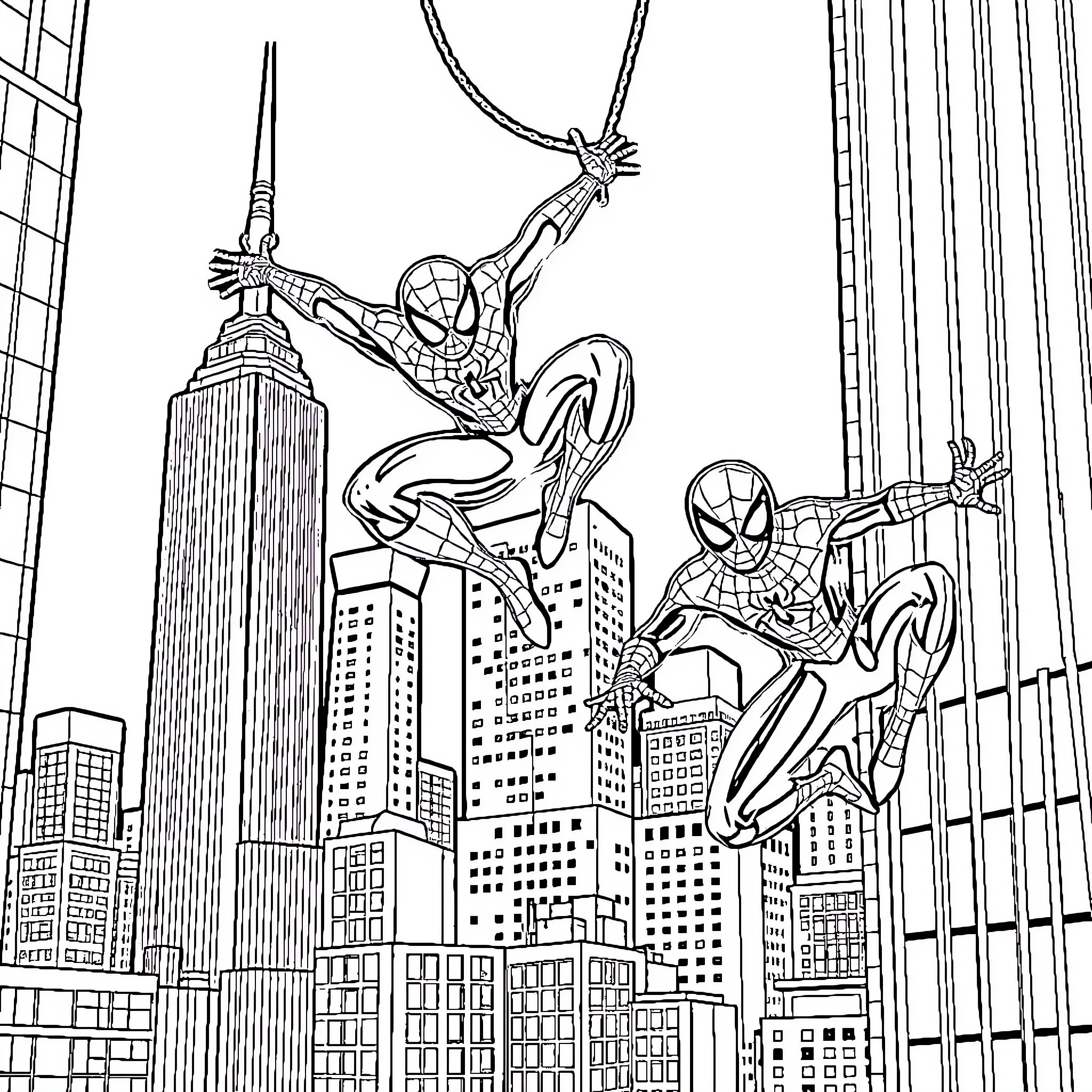 Spider-Man swinging through the city skyline Coloring Page (free black-and-white line drawing printable PDF for all, from beginners to advanced learners, including children, teens, adults, and seniors)