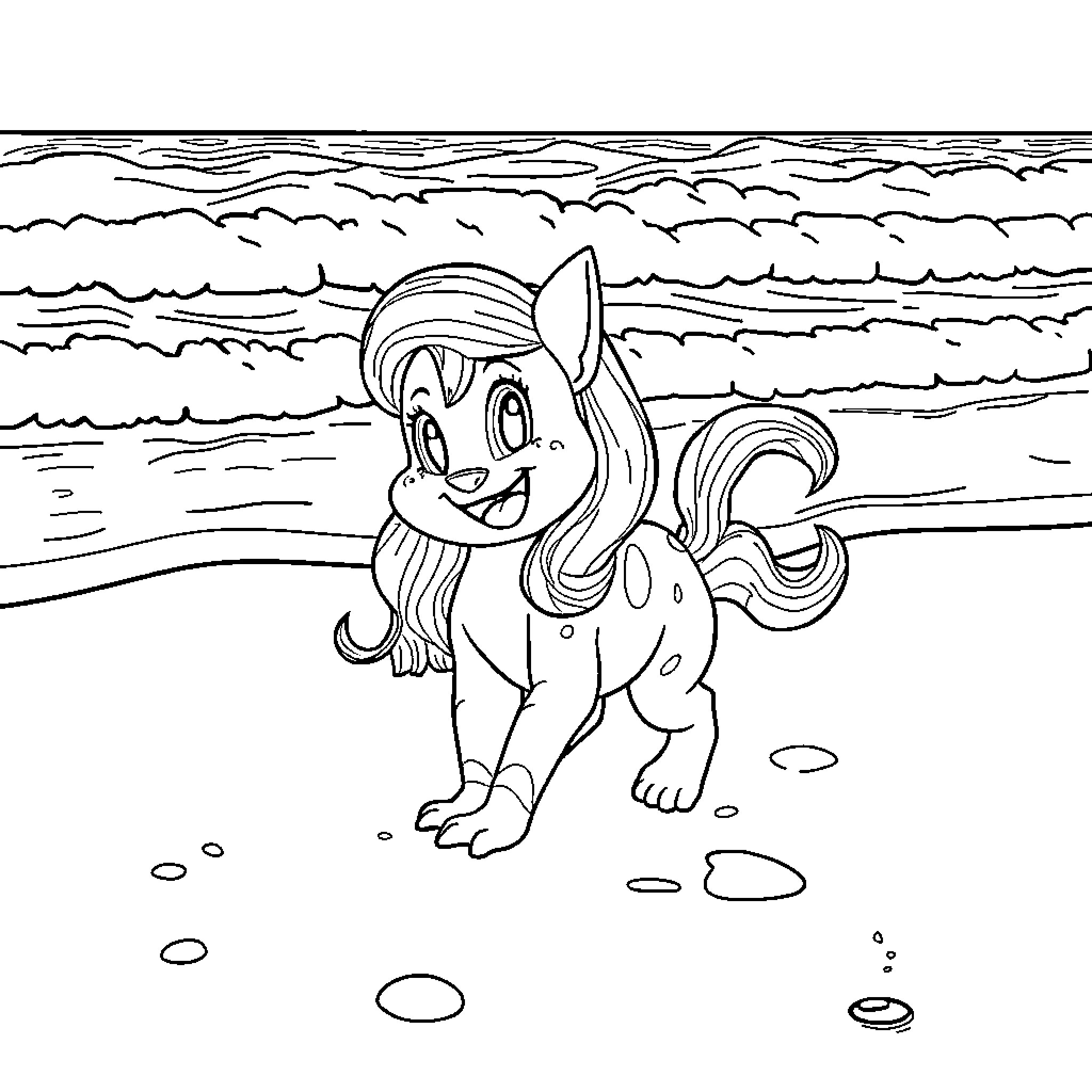 Glumanda playing happily on the beach Coloring Page (free black-and-white line drawing printable PDF for all, from beginners to advanced learners, including children, teens, adults, and seniors)