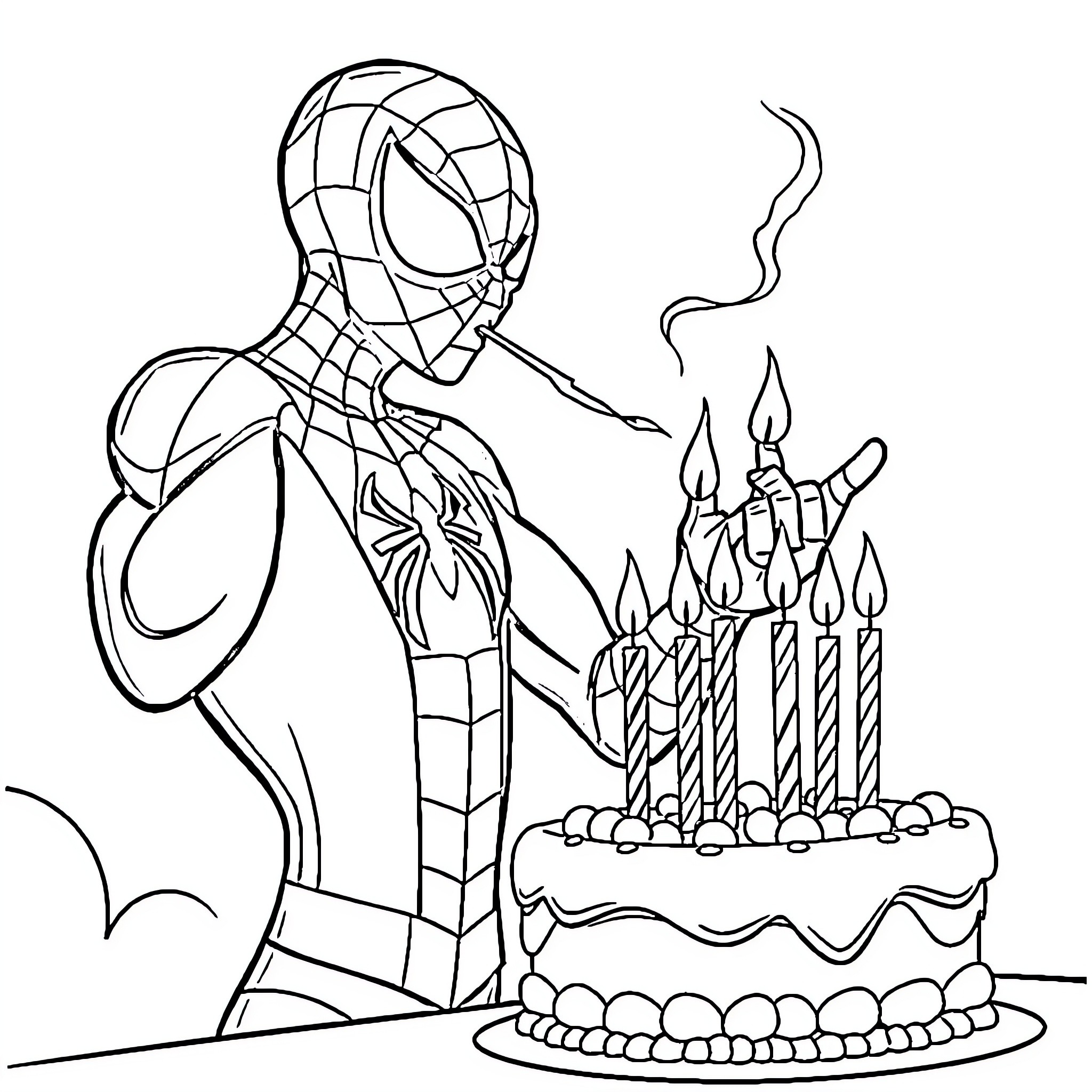 Spiderman celebrating birthday with cake and candles Coloring Page (free black-and-white line drawing printable PDF for all, from beginners to advanced learners, including children, teens, adults, and seniors)