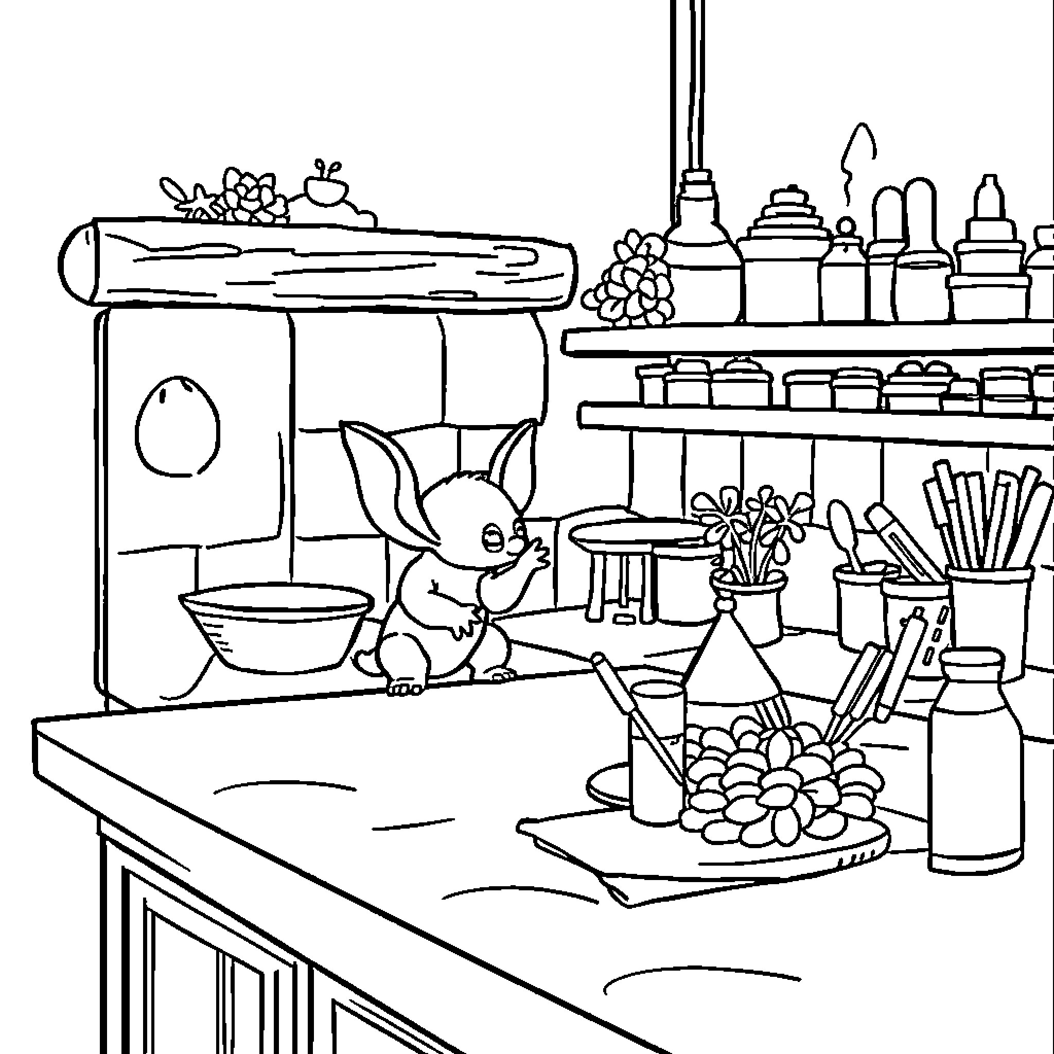 Stitch drawing in a crafting studio Coloring Page (free black-and-white line drawing printable PDF for all, from beginners to advanced learners, including children, teens, adults, and seniors)