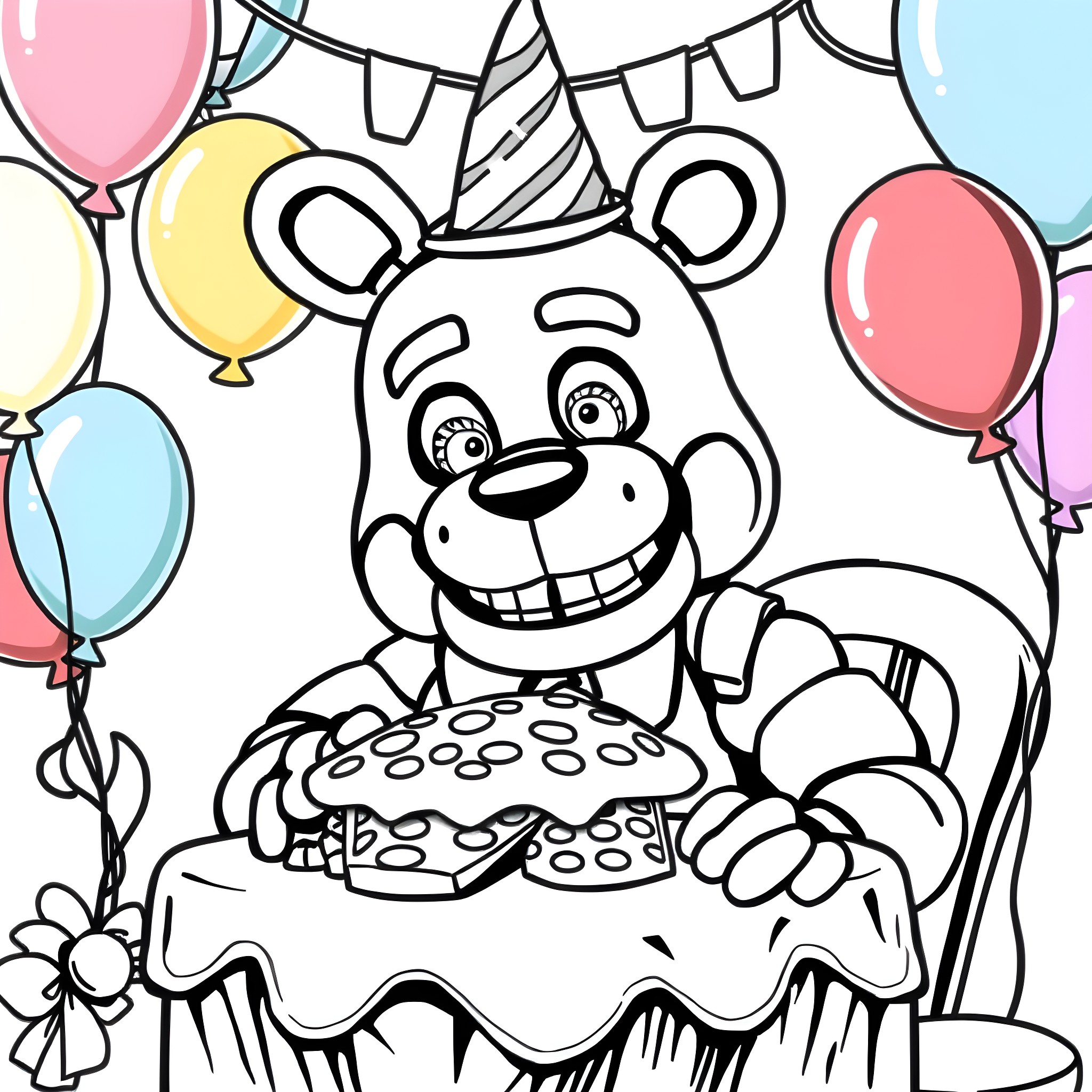 Freddy Fazbear's Birthday Party Coloring Page (free black-and-white line drawing printable PDF for all, from beginners to advanced learners, including children, teens, adults, and seniors)