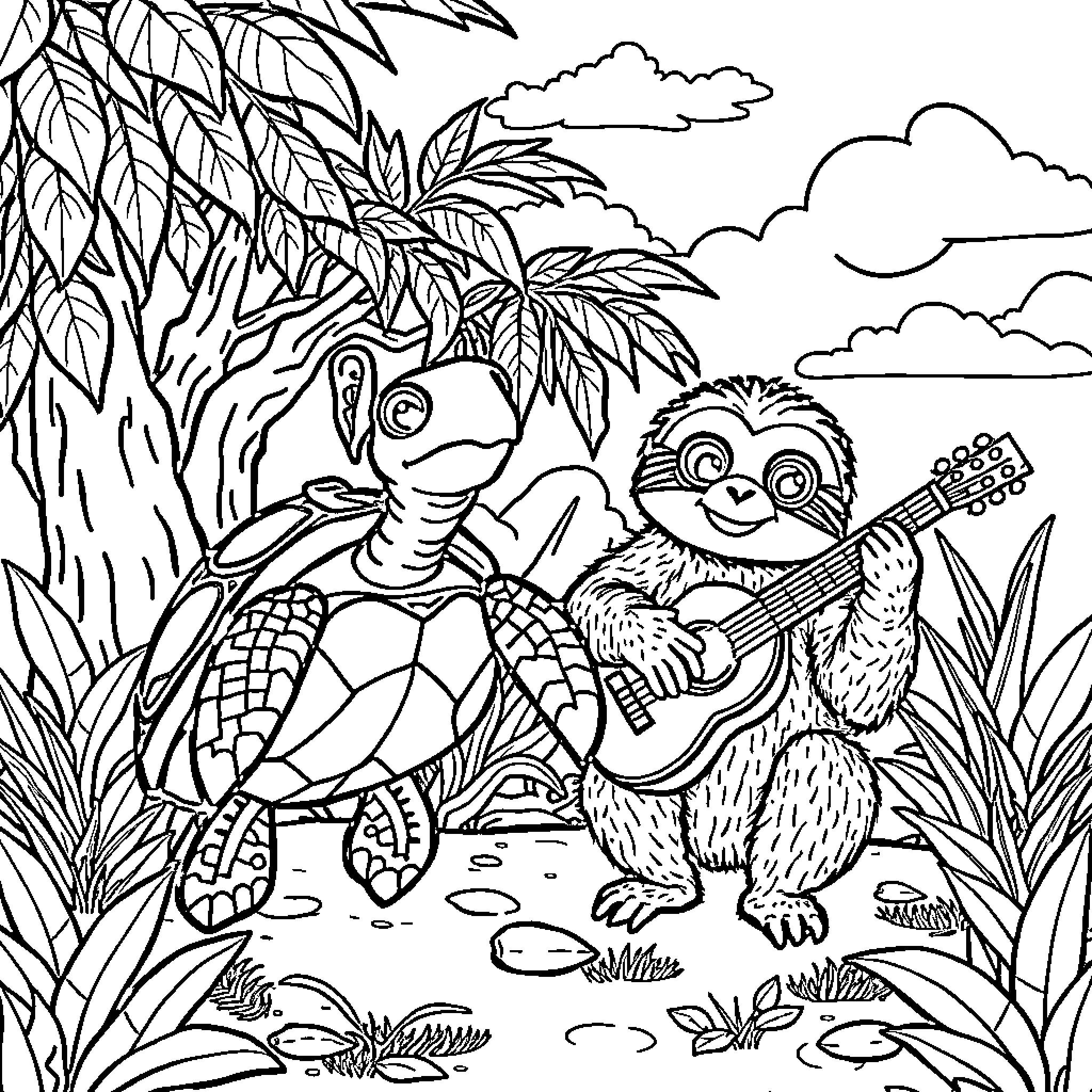 Turtle playing guitar with happy sloth in jungle Coloring Page (free black-and-white line drawing printable PDF for all, from beginners to advanced learners, including children, teens, adults, and seniors)