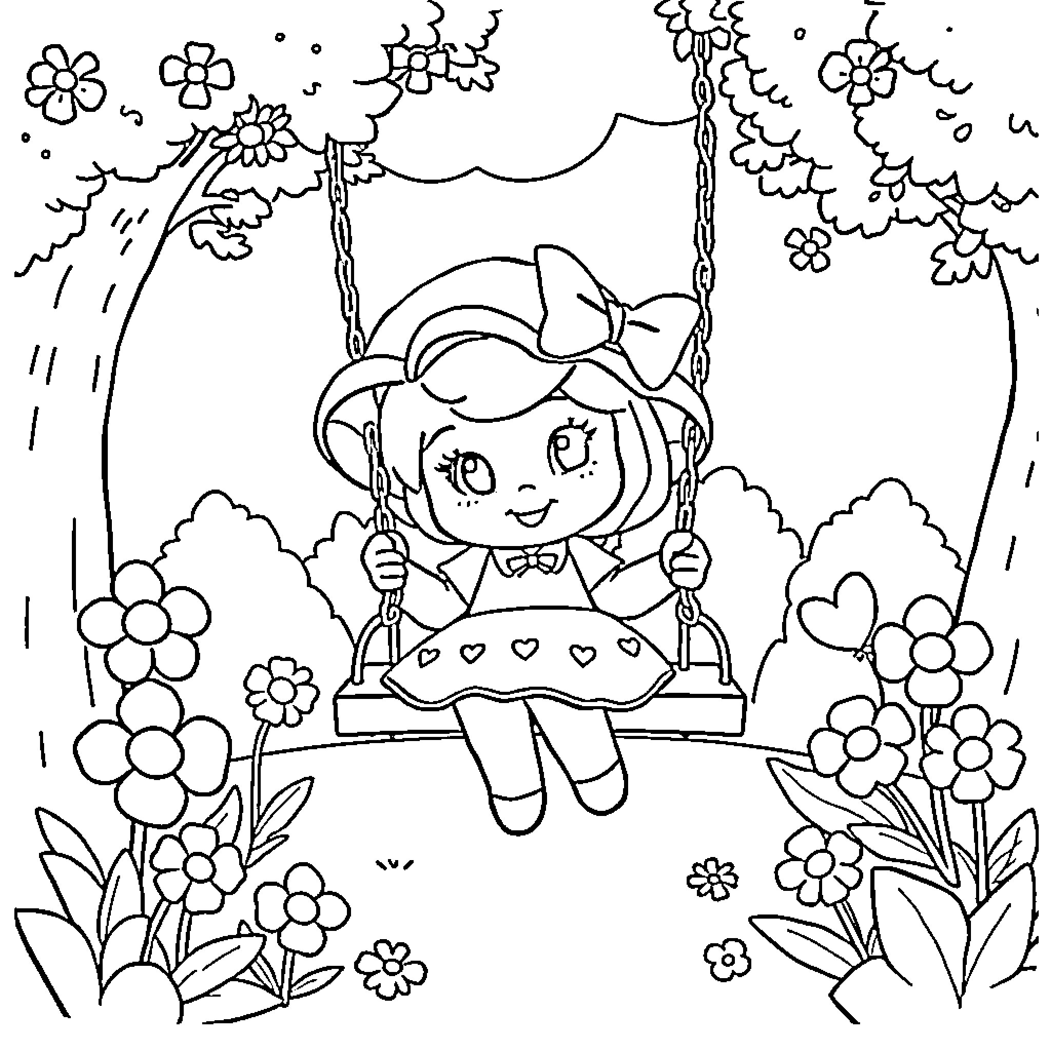 Strawberry Shortcake enjoying a swing in a flower-filled garden Coloring Page (free black-and-white line drawing printable PDF for all, from beginners to advanced learners, including children, teens, adults, and seniors)