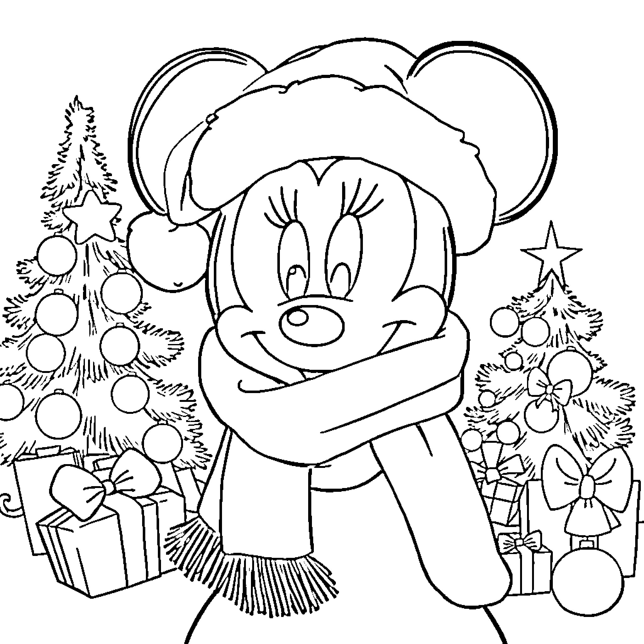 Minnie Mouse enjoying a cozy holiday scene Coloring Page (free black-and-white line drawing printable PDF for all, from beginners to advanced learners, including children, teens, adults, and seniors)