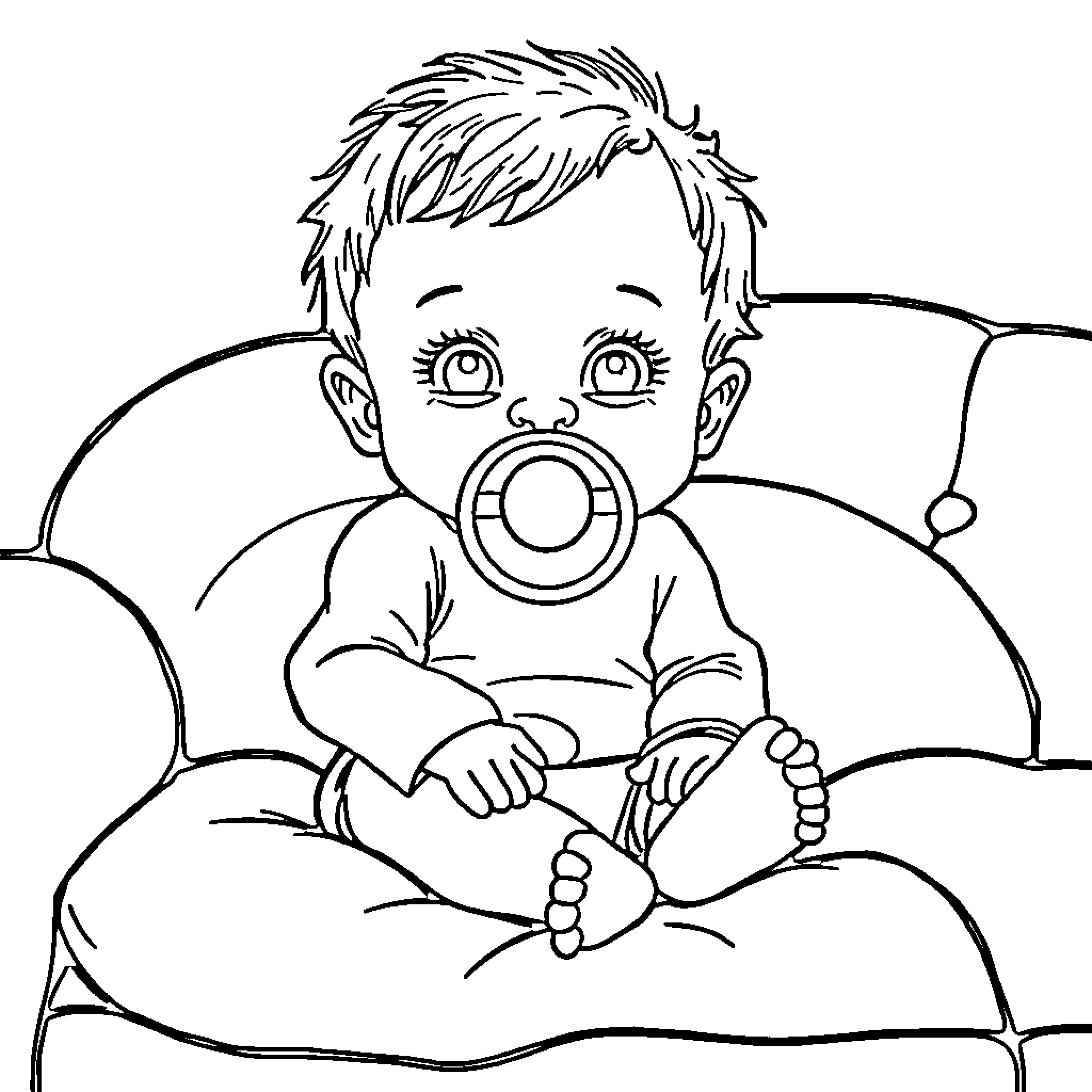 Baby sitting on couch with pacifier Coloring Page (free black-and-white line drawing printable PDF for all, from beginners to advanced learners, including children, teens, adults, and seniors)