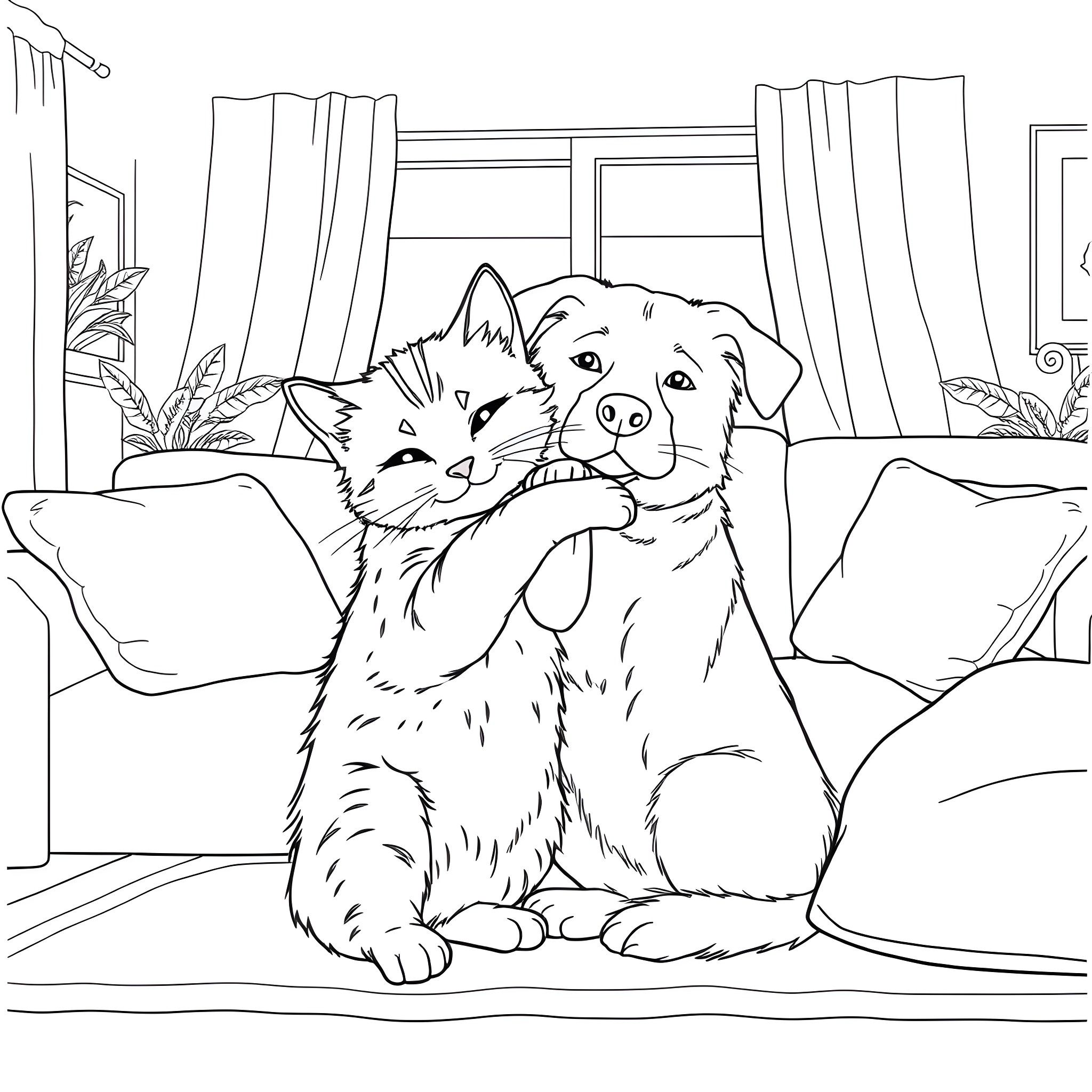 Cats and dogs cuddling on the couch Coloring Page (free black-and-white line drawing printable PDF for all, from beginners to advanced learners, including children, teens, adults, and seniors)