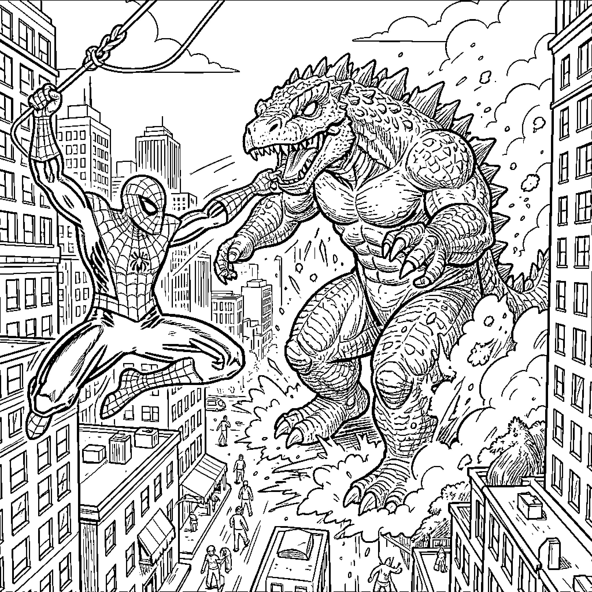 Spiderman battling a giant monster in a city Coloring Page (free black-and-white line drawing printable PDF for all, from beginners to advanced learners, including children, teens, adults, and seniors)