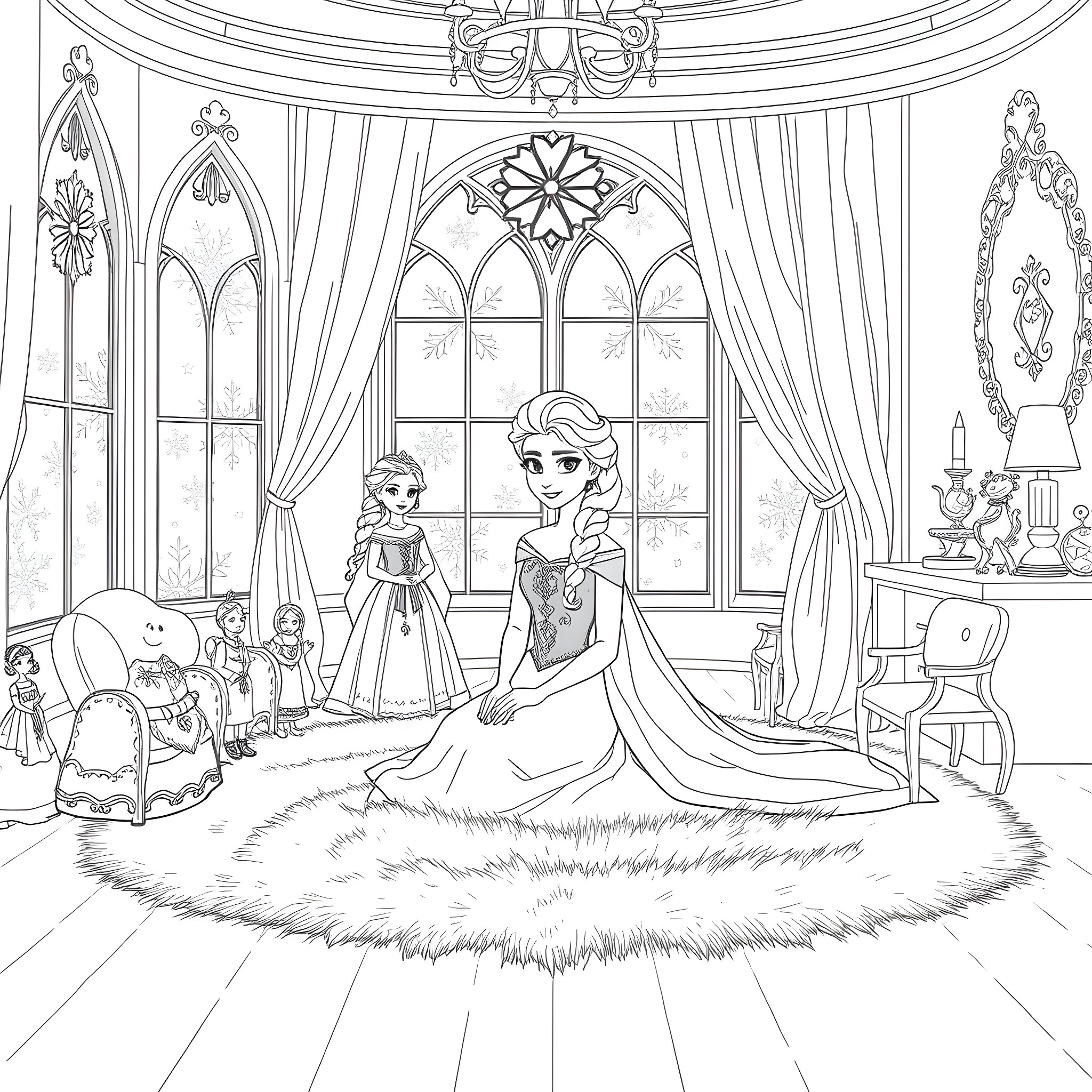 Elsa's Elegant Enchantment: A Frozen Fantasy Coloring Page (free black-and-white line drawing printable PDF for all, from beginners to advanced learners, including children, teens, adults, and seniors)