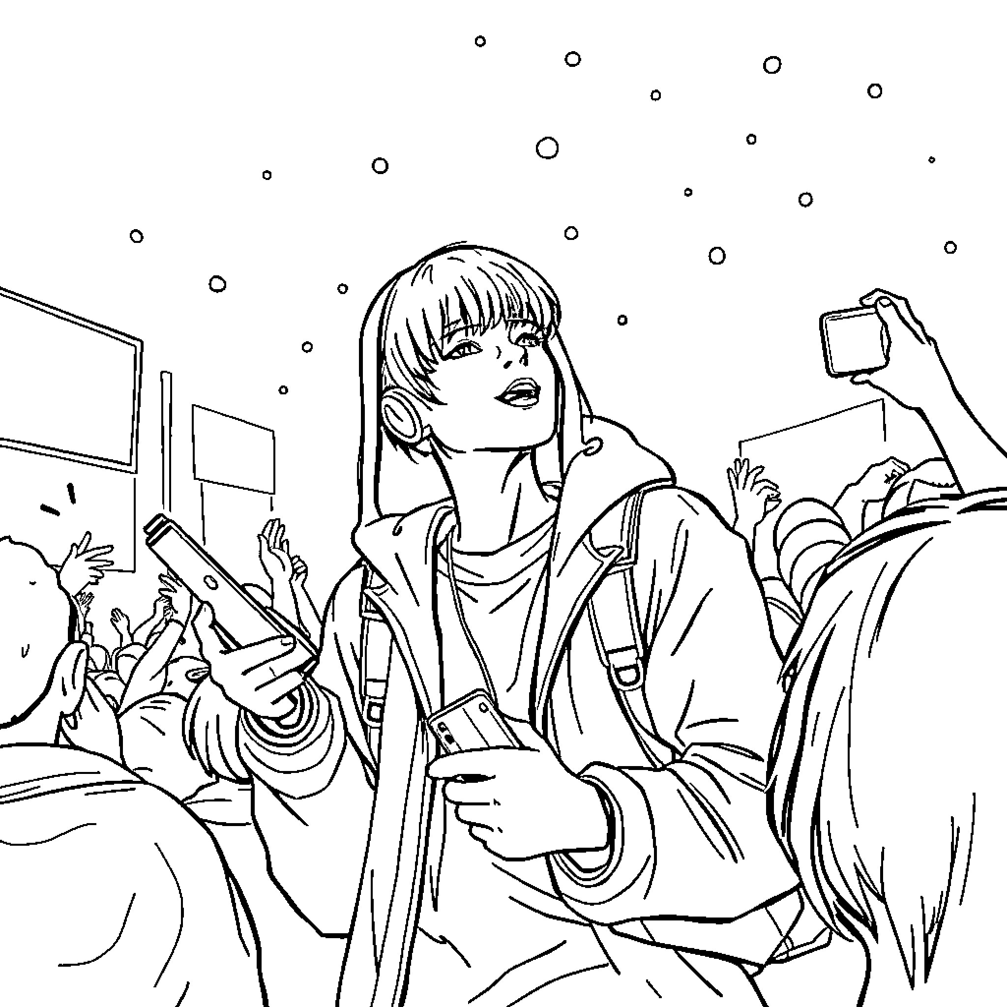 Deman taking a selfie in a crowded room Coloring Page (free black-and-white line drawing printable PDF for all, from beginners to advanced learners, including children, teens, adults, and seniors)